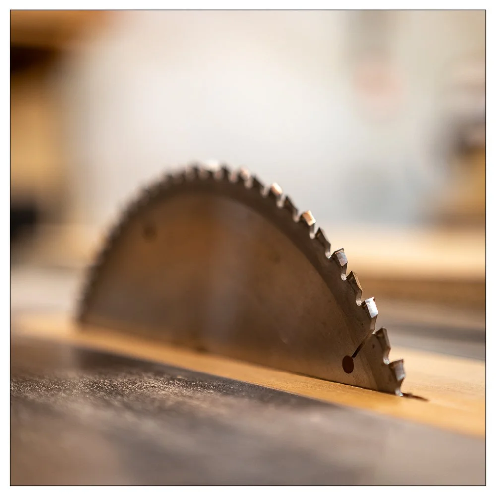 Close‑up of a 10‑inch table saw blade on a General 350 cabinet saw, showing modern blade size standard and professional woodworking cut capacity.