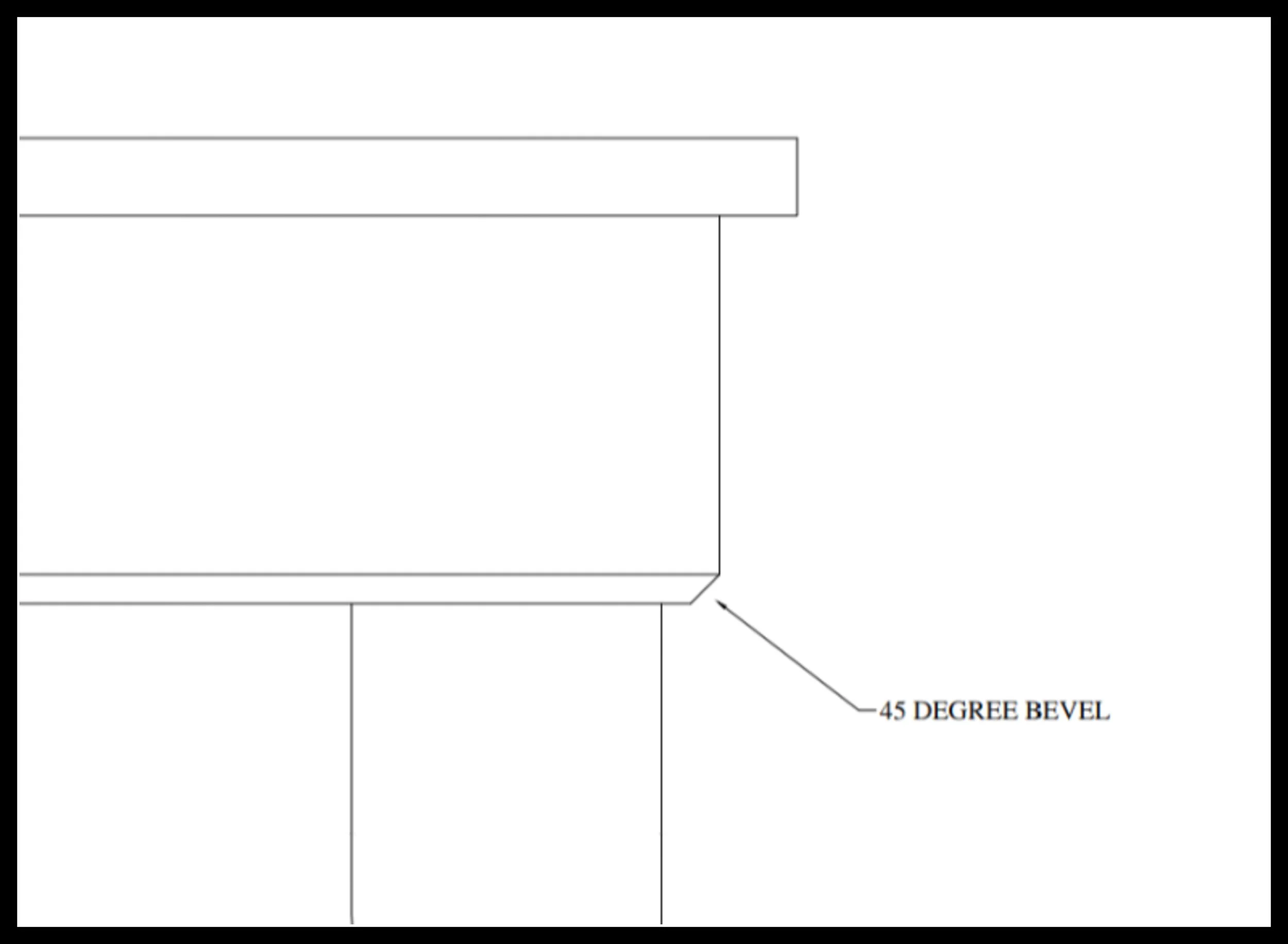 Line drawing showing a 45‑degree chamfer cut into the underside of a table skirt, illustrating how an undercut reduces visible thickness and creates a shadow line that lightens the design.