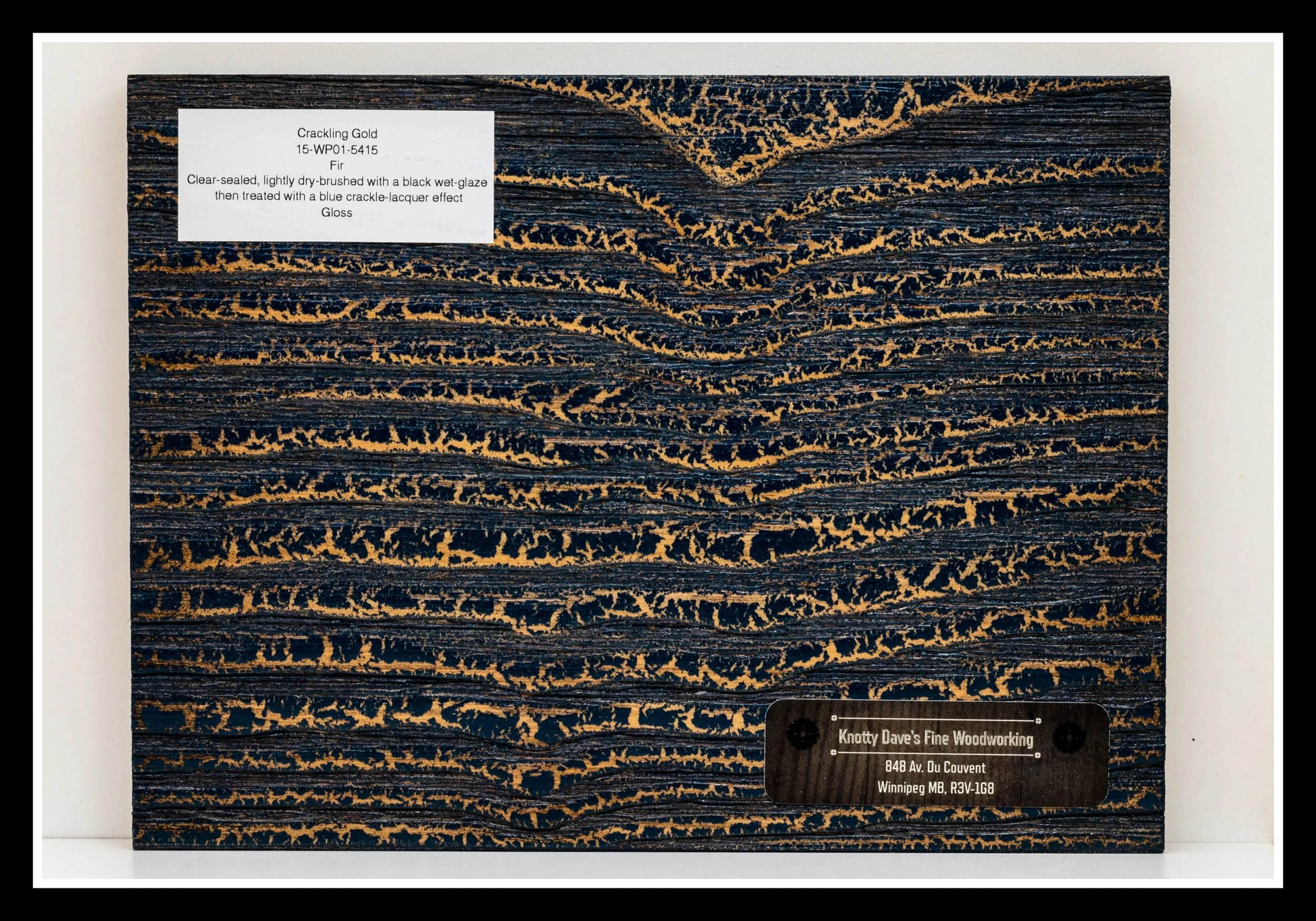 Douglas Fir finish sample “Crackling Gold,” featuring multi‑layer stain, glaze, blue crackle lacquer, gold highlights, and 2K poly on brushed fir texture.
