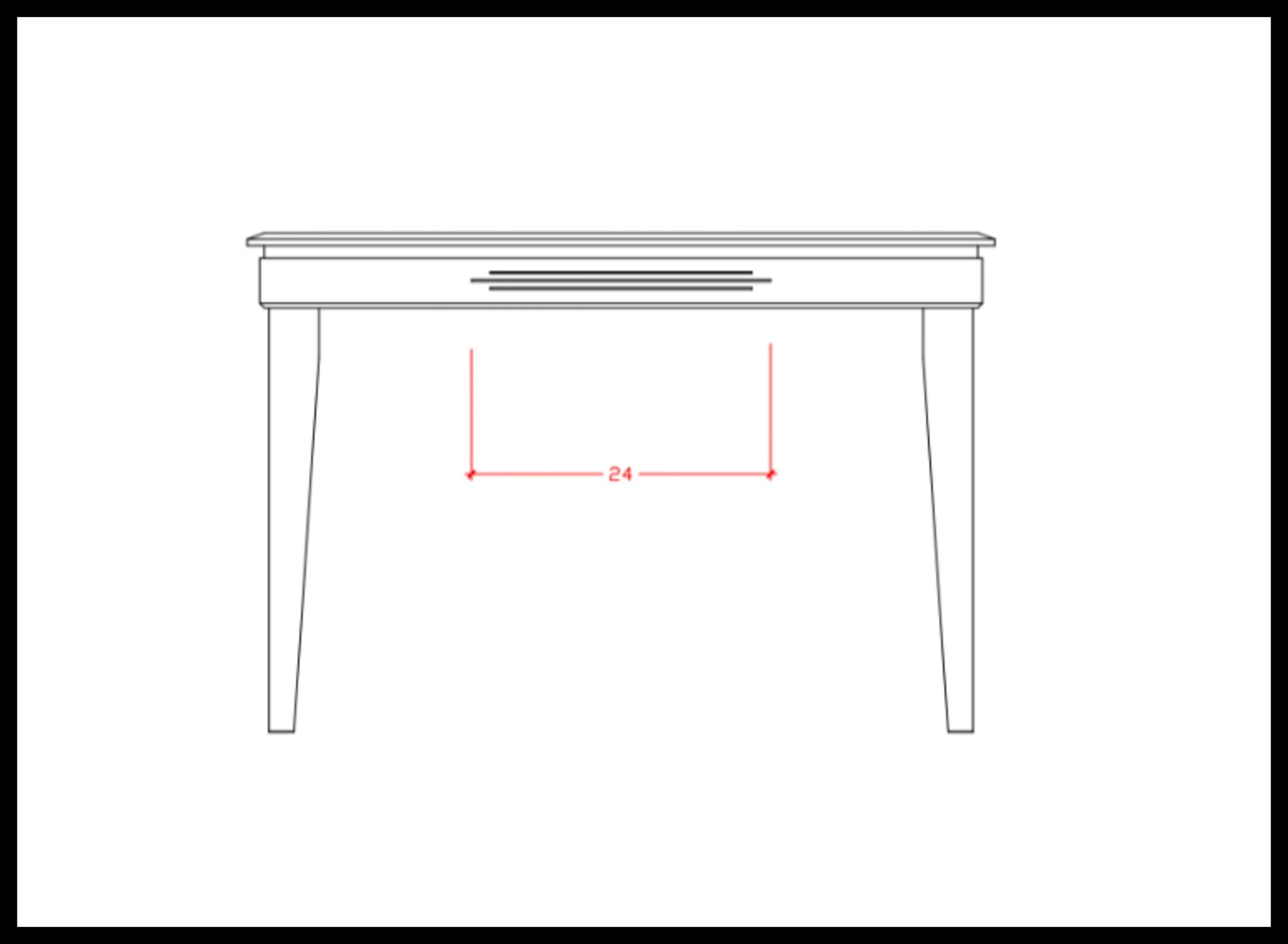 Line drawing of a table with tapered legs and a shallow 1/8‑inch horizontal fluting on the skirt, showing how the recessed detail creates a controlled shadow line that lightens the profile without changing measurements.
