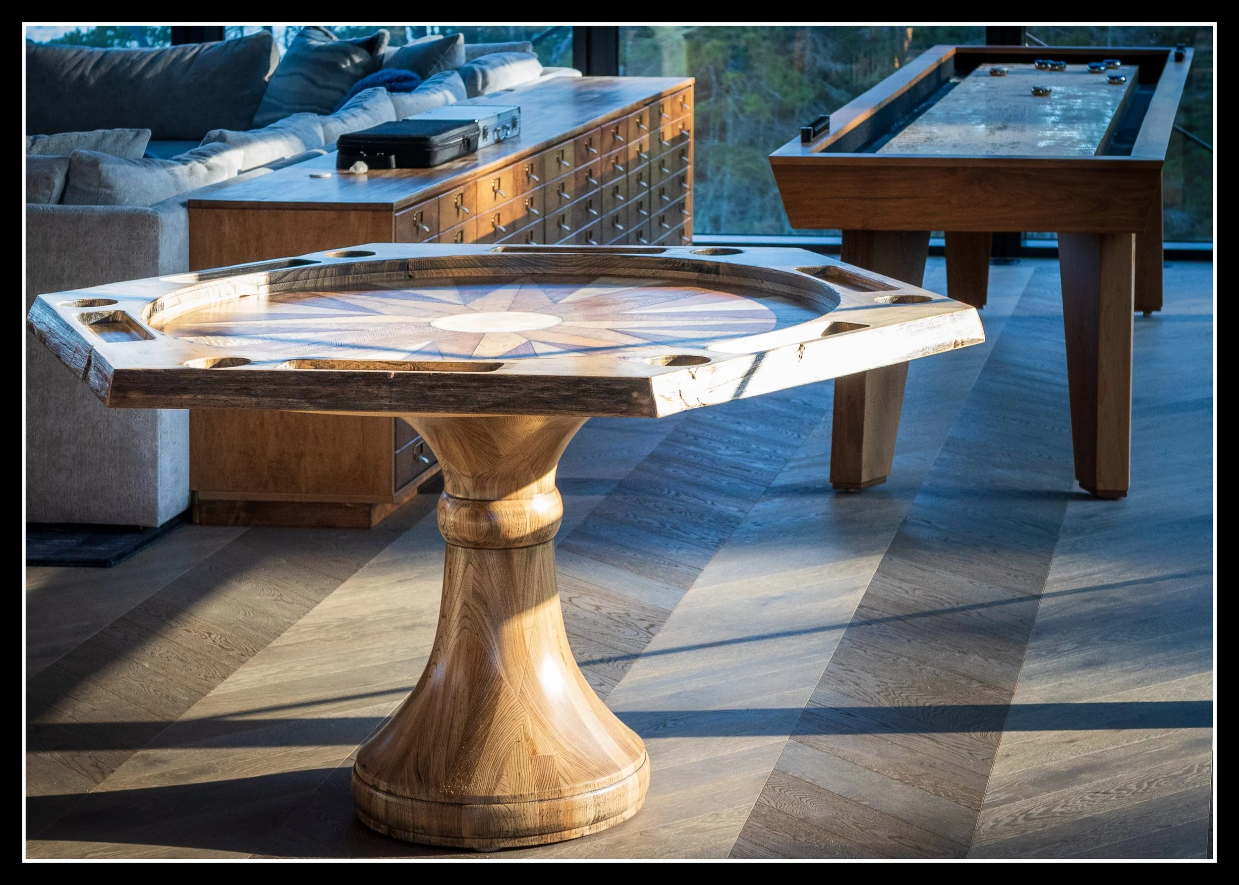 Elm games table made from century‑old Winnipeg elm, finished with stain, glaze, and 2K poly for card playing.