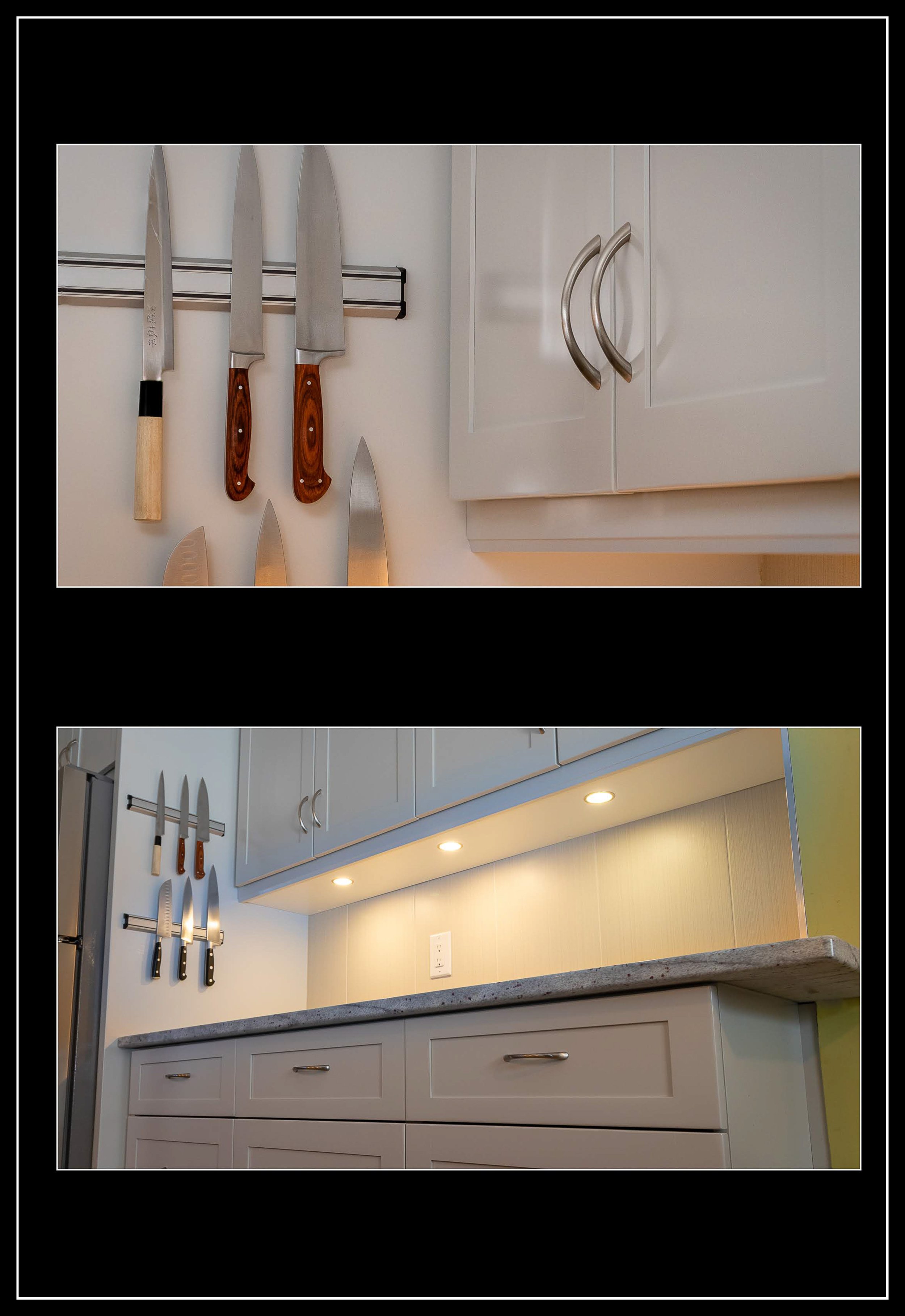 Grey kitchen cabinetry with five‑piece doors, stainless pulls, under‑cabinet lighting, and wall‑mounted knife storage in a clean, functional layout.