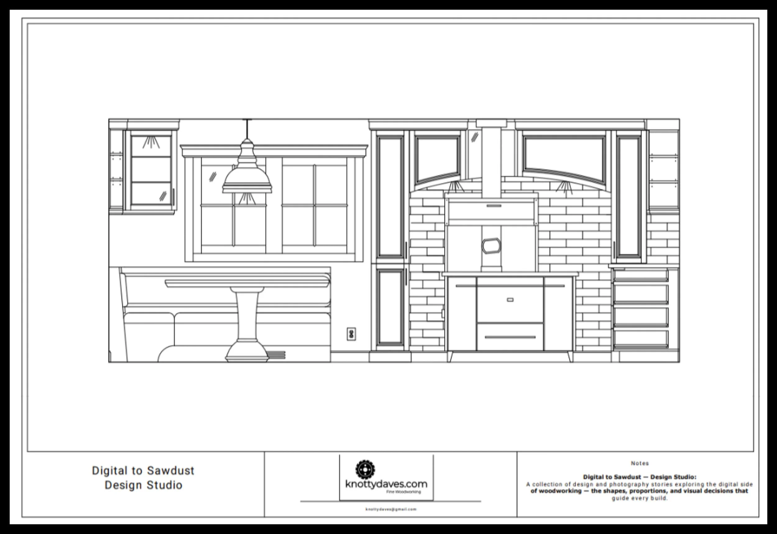 Architectural line drawing of a heritage kitchen with wood cookstove, archway, banquette, table, window, lamp, and cabinetry showing strong anchor lines.
