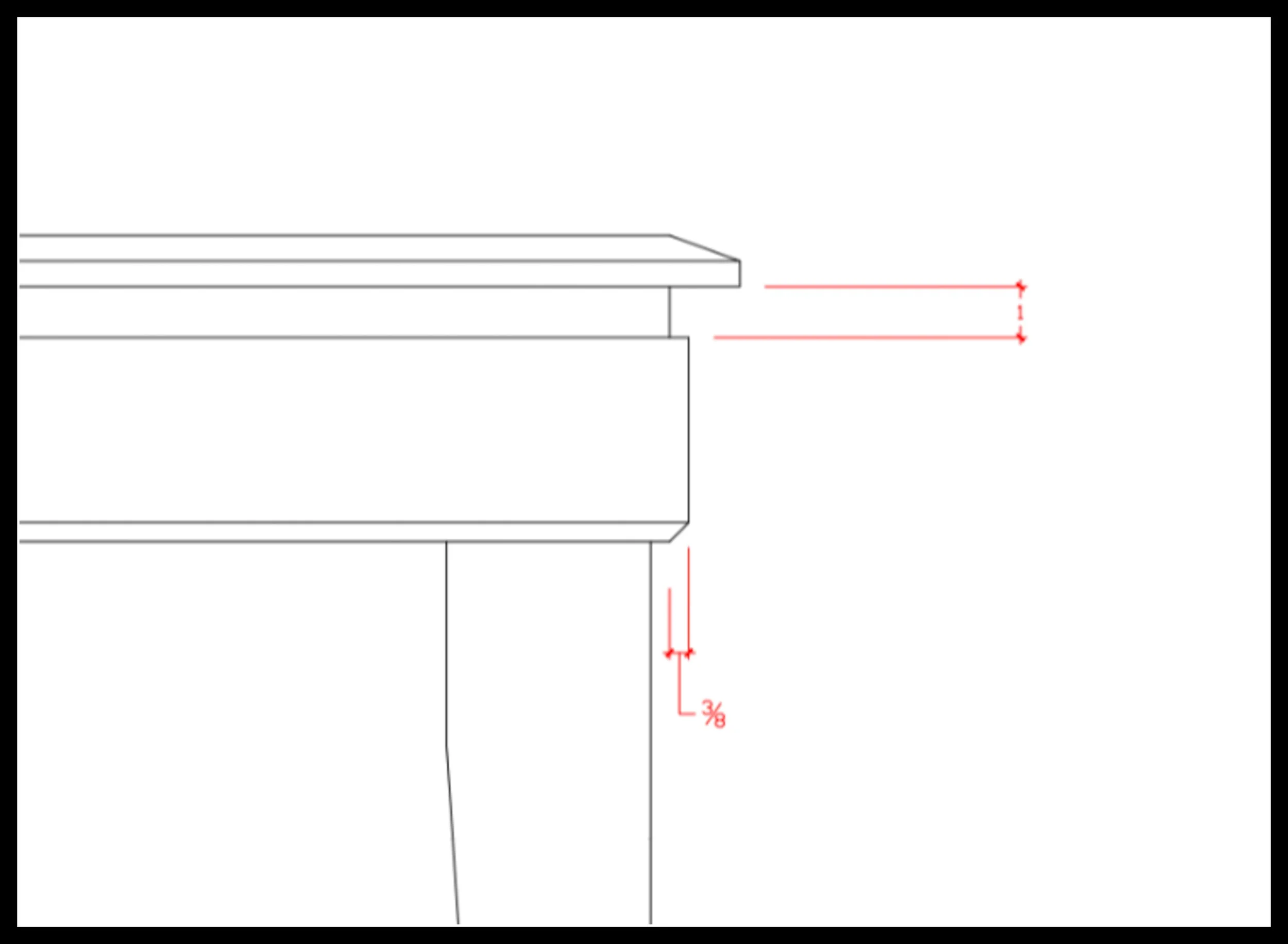 Line drawing showing a small reveal at the top of a table skirt, with a setback that creates a shadow line to visually separate the tabletop from the base and reduce perceived thickness.