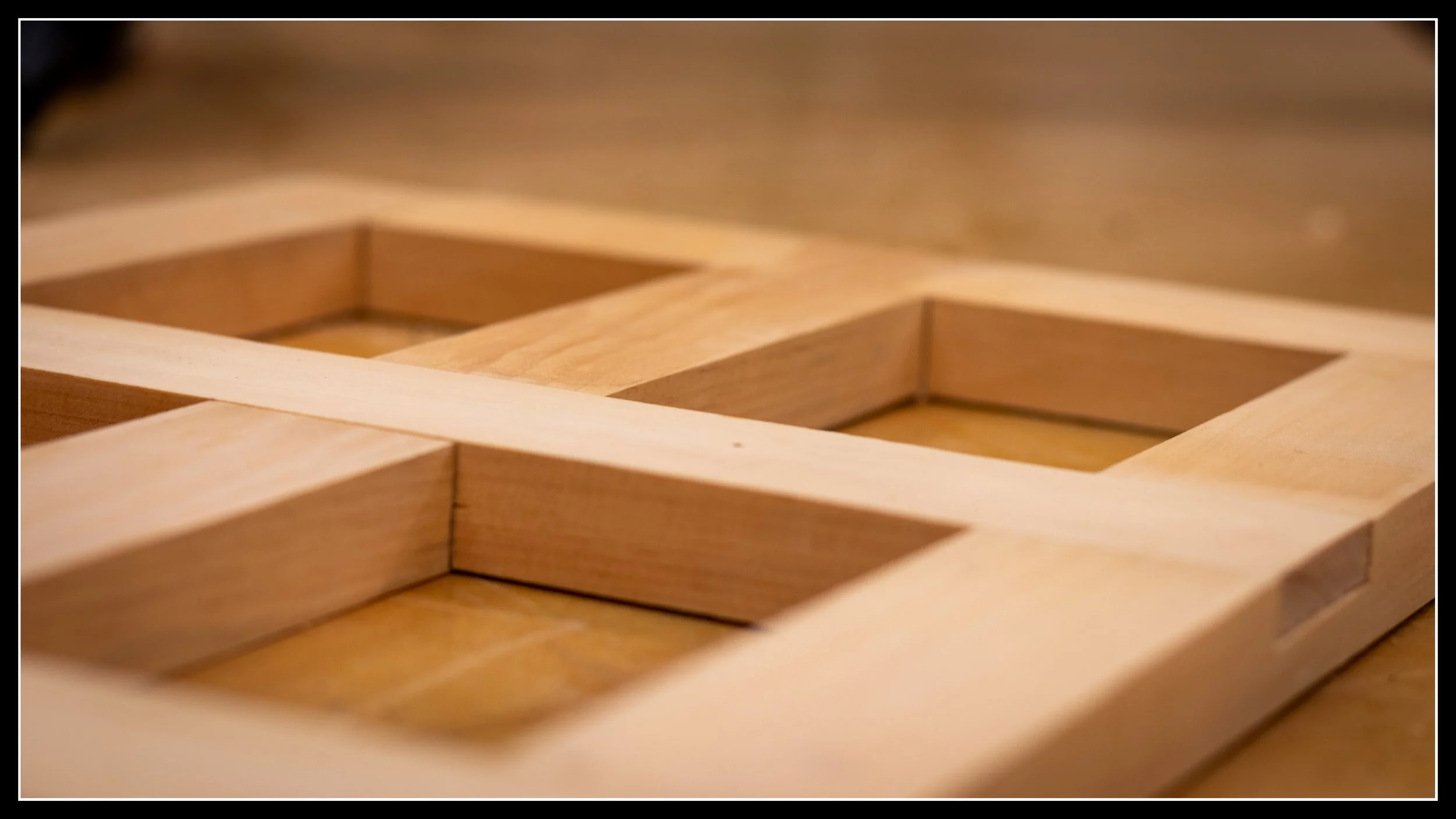 Hand‑cut woodworking joints in an Eastern White Pine practice frame from college, showing precise joinery cut entirely with hand tools.