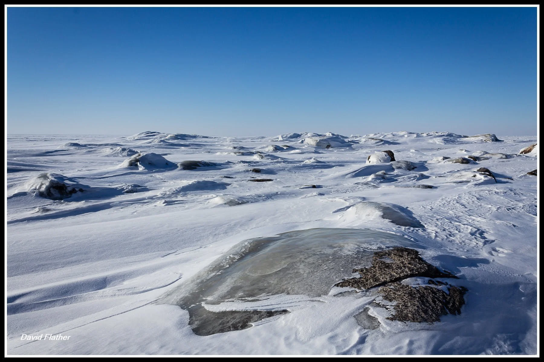 Frozen Manitoba shoreline with windswept snow and scattered rocks under a cold blue sky, capturing the quiet texture and story of winter.
