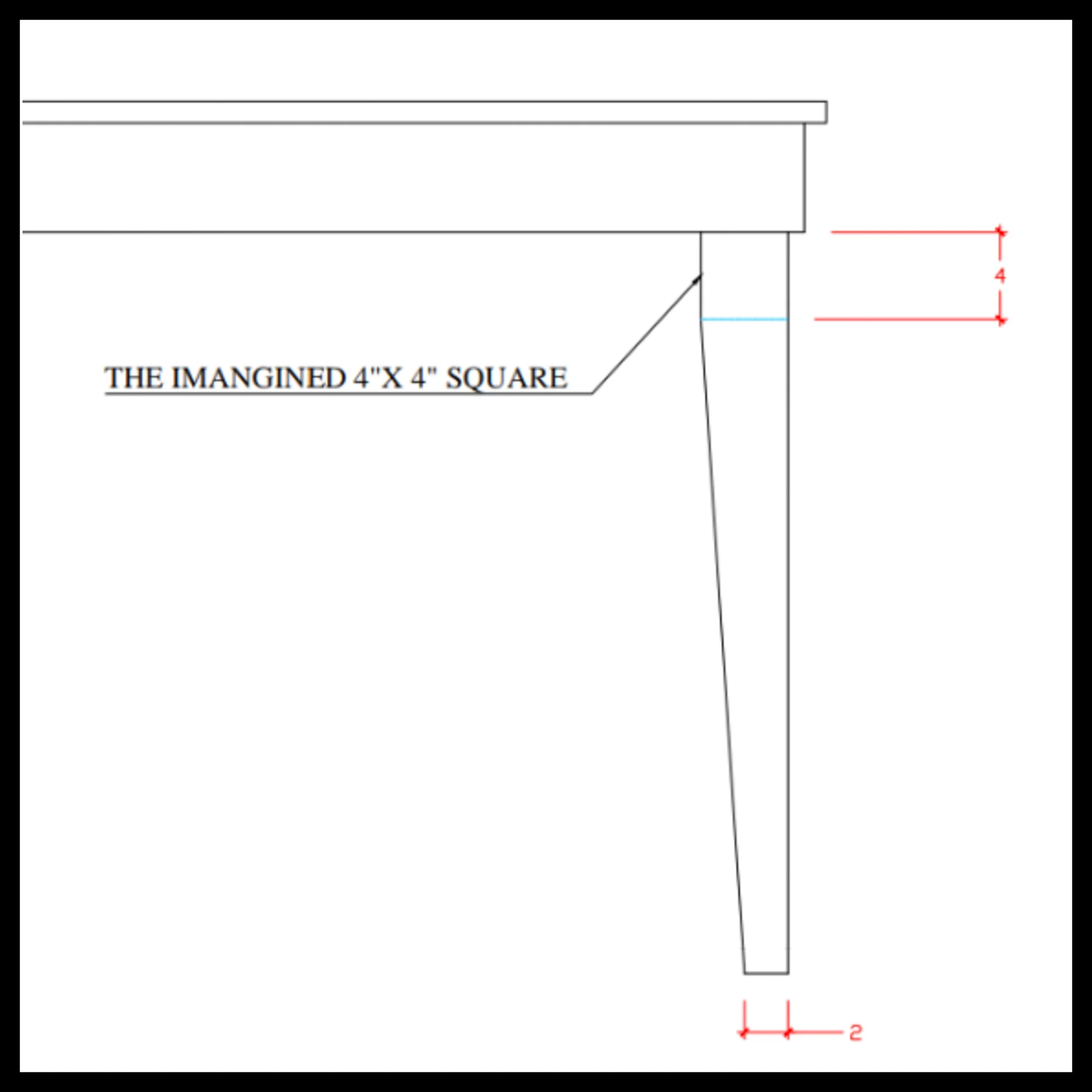 Line drawing of a tapered table leg narrowing from four inches at the top to two inches at the bottom, illustrating how tapering shifts visual weight and lightens the table’s stance.