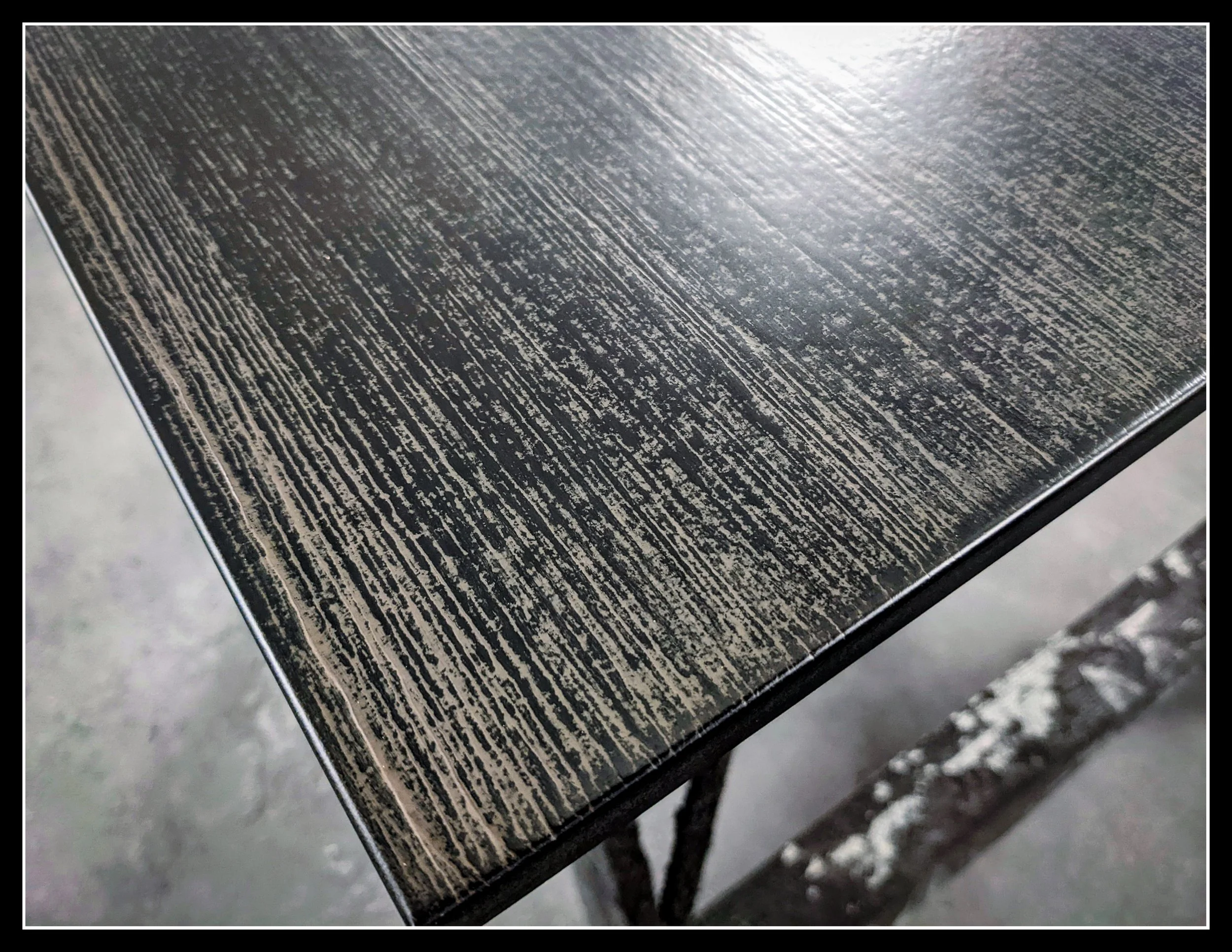 Brushed MDF panel with painted, glazed, and top‑coated texture created entirely in the shop.
