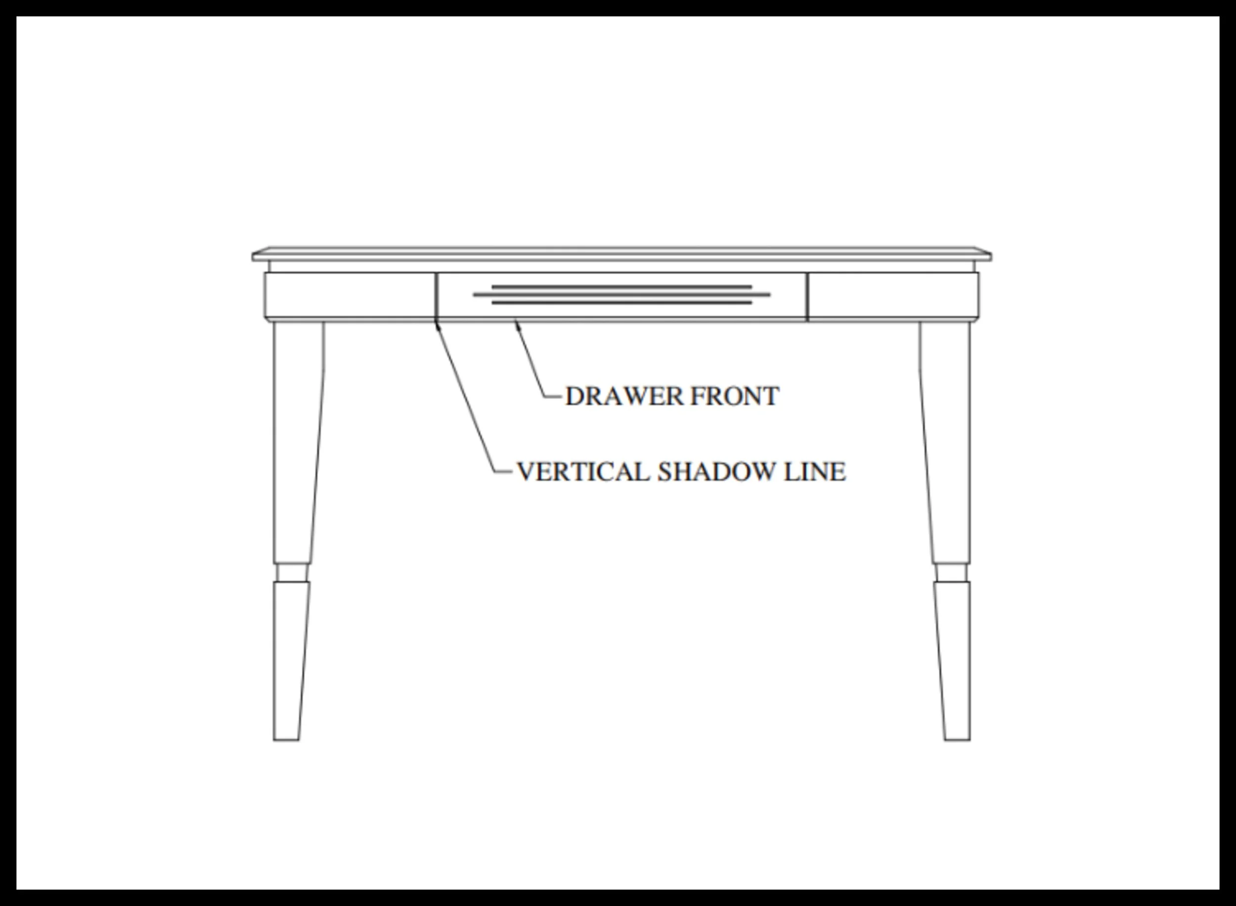 Line drawing of a table with an inset drawer showing two vertical shadow‑line gaps, illustrating how the recessed drawer front adds controlled geometry, clarifies the drawer boundary, and lightens the front elevation without changing measurements.