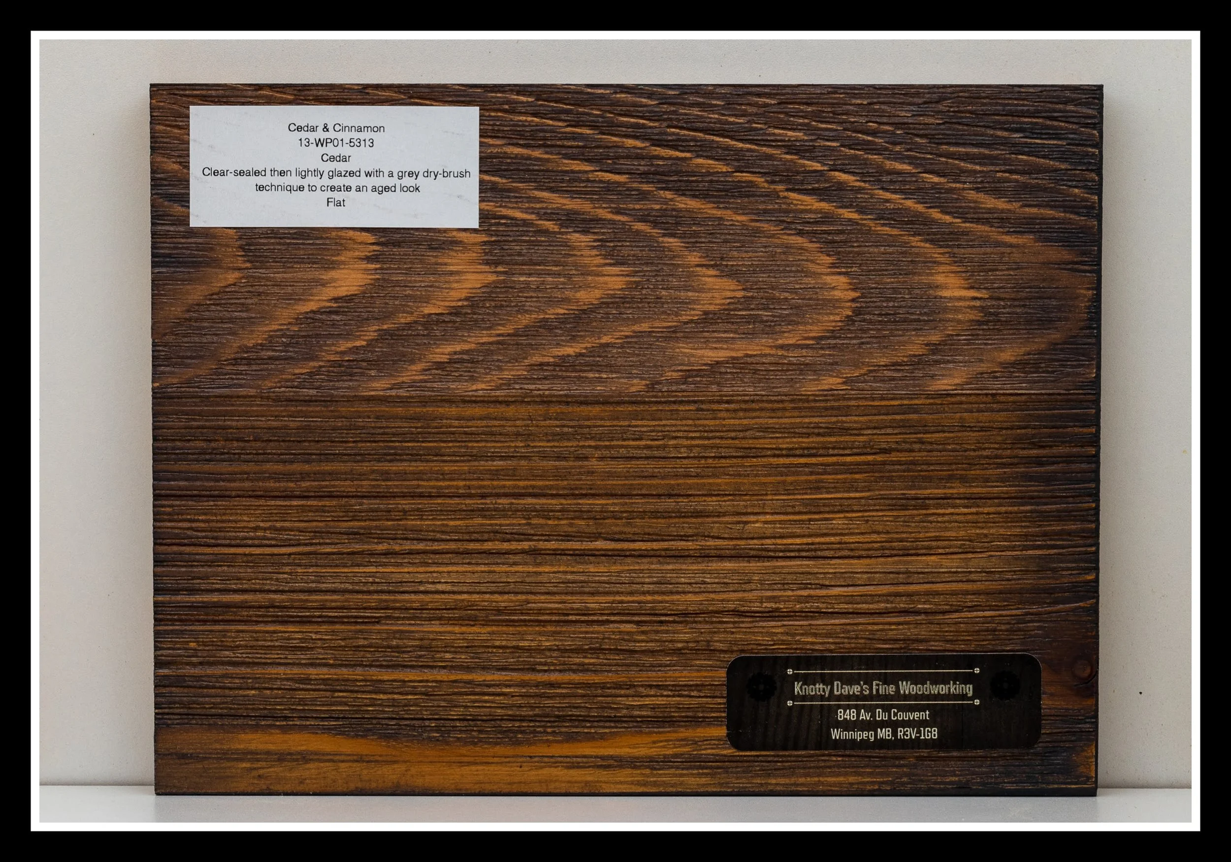 Cedar & Cinnamon Deep Scraped Collection sample with textured grain, warm cinnamon stain, grey glaze, and a sealed finish that highlights cedar’s colour and professional shop techniques.