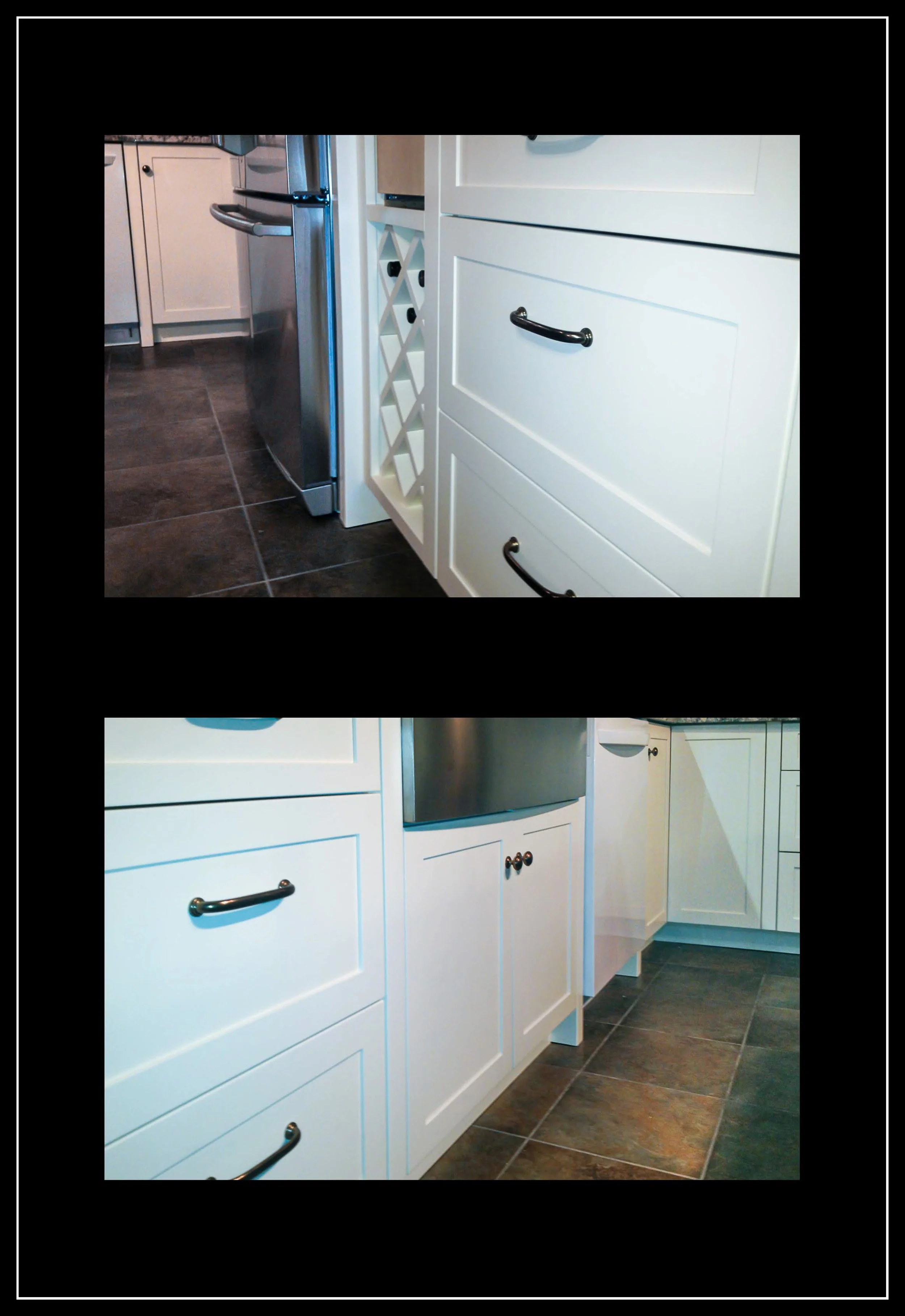 White kitchen cabinetry with stainless farmhouse sink, built‑in wine rack, stainless pulls, and dark tile flooring in a modern‑farmhouse layout.