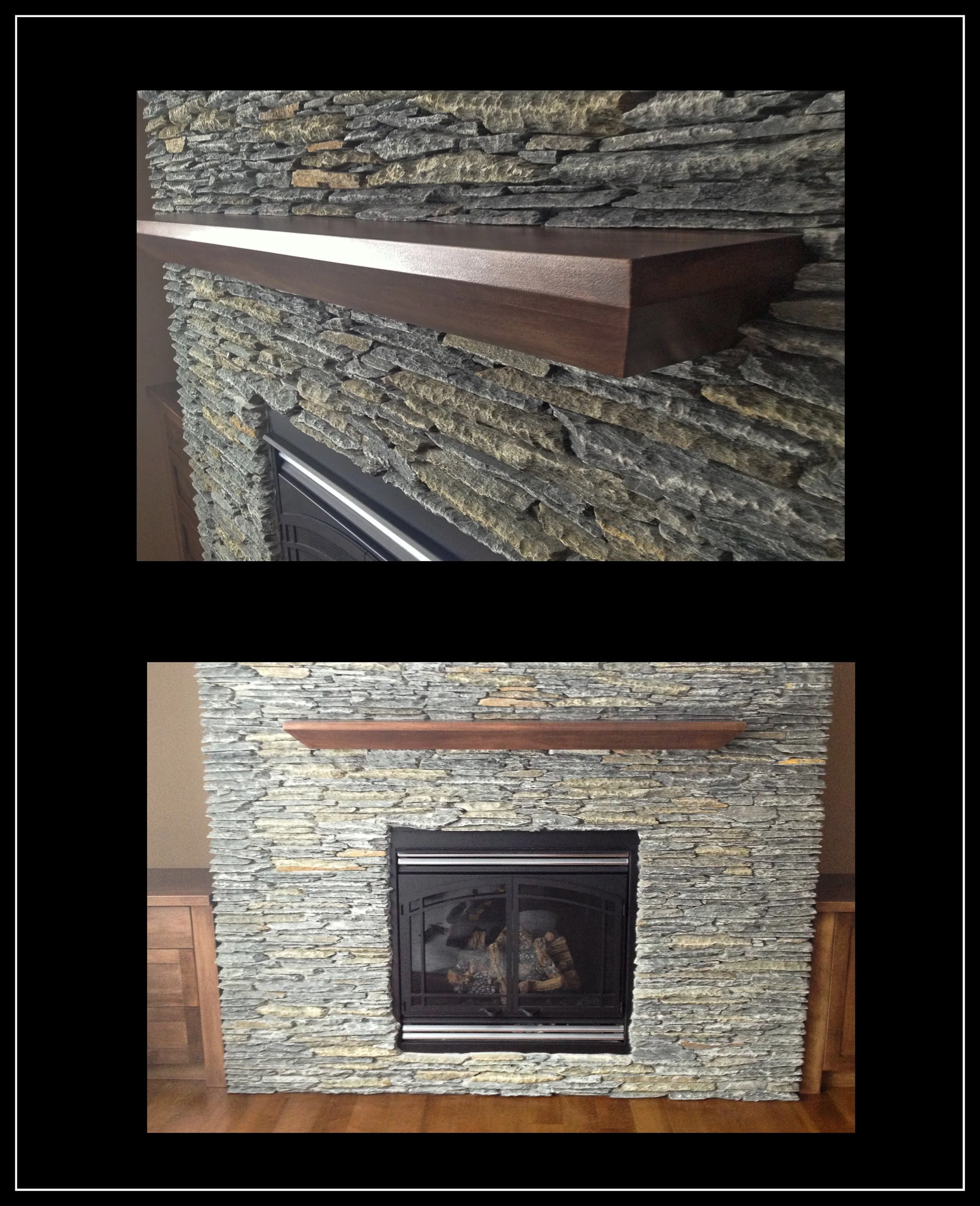 Solid maple mantel stained dark, simple heirloom hardwood design installed above a stone fireplace.