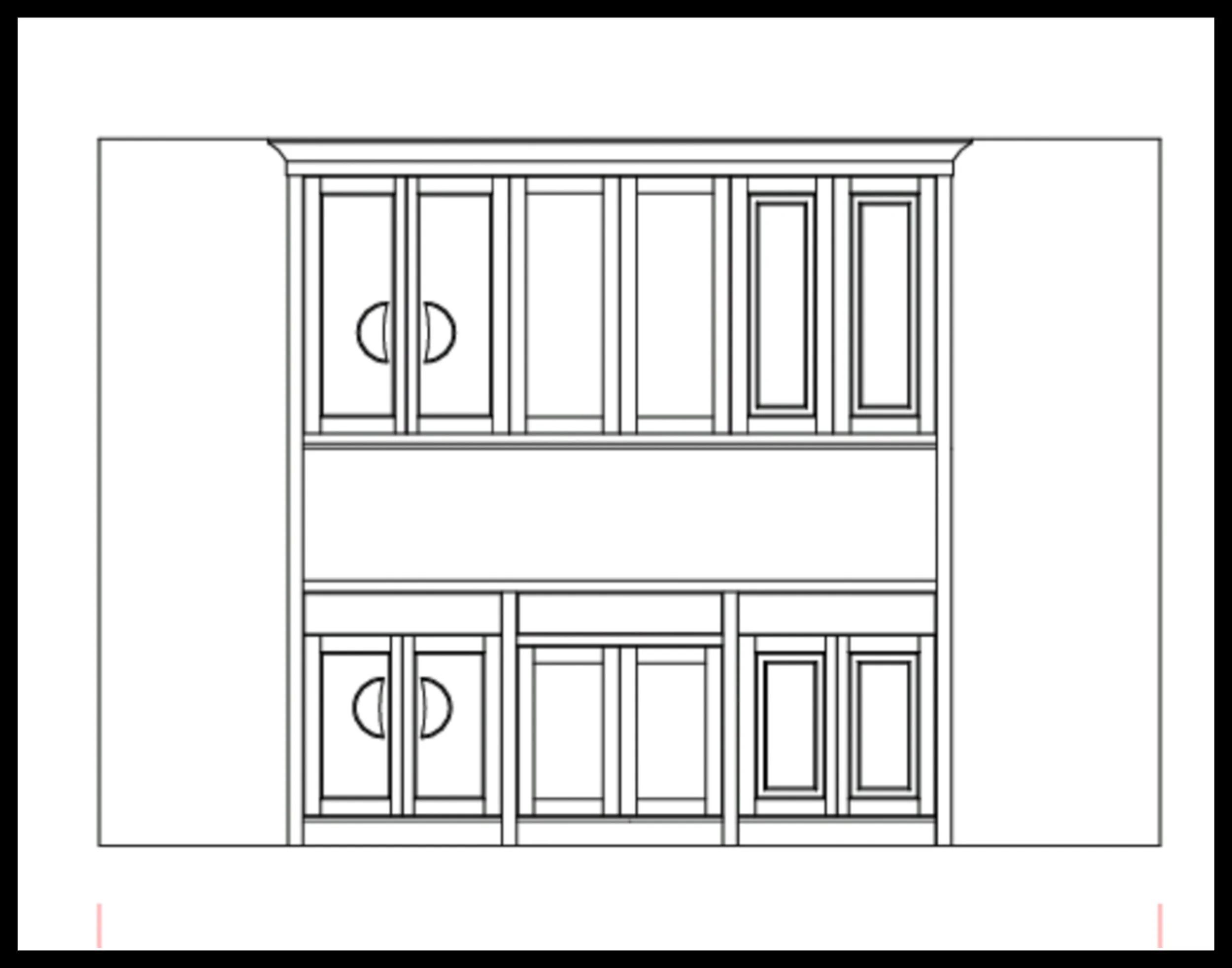 twelve‑door built‑in cabinet drawing showing balanced proportions, repeating rectangles, centered drawer stack, and crown molding that creates visual rhythm and stability
