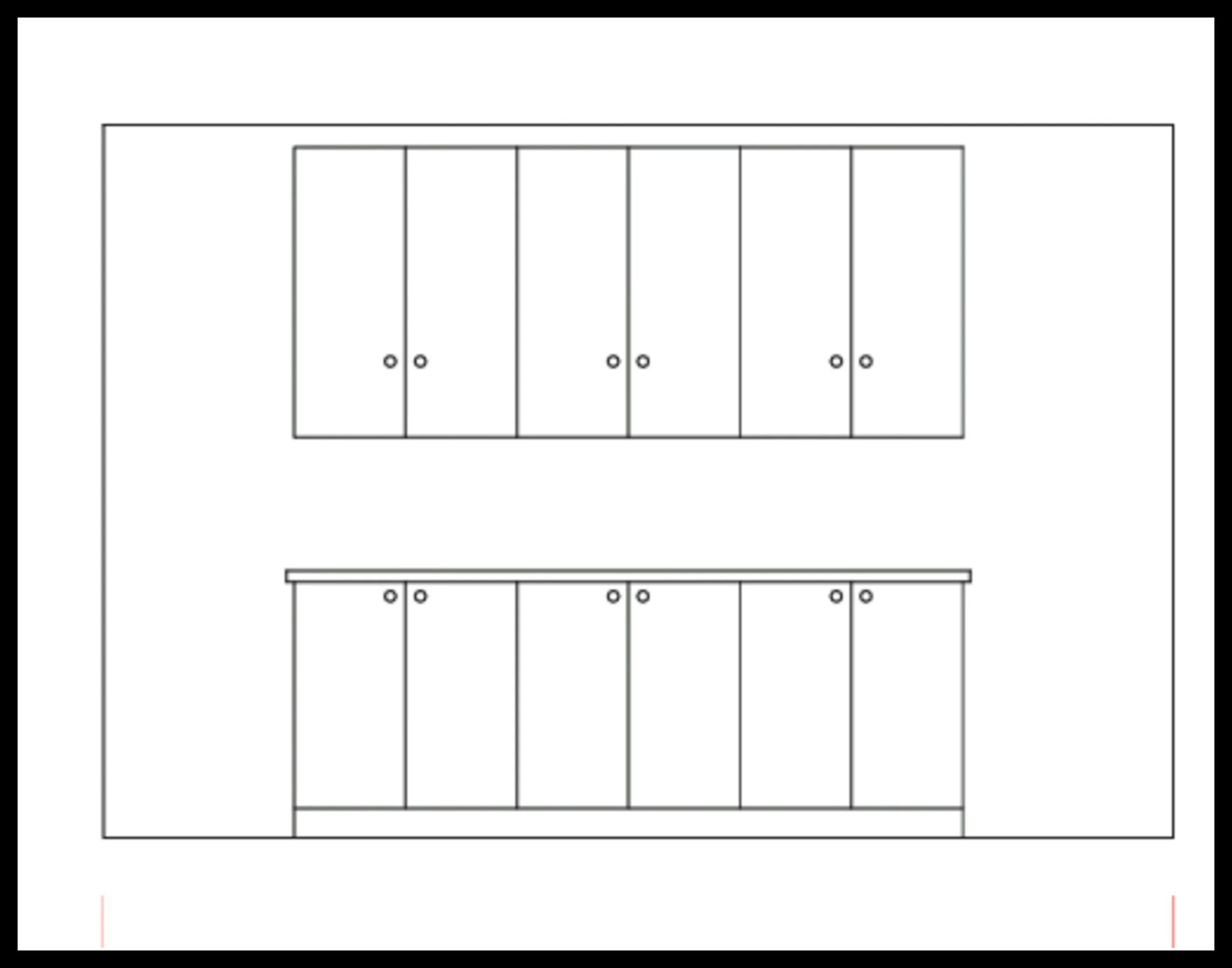 Line drawing of two stacked 12‑door office cabinets with round pulls, showing balanced proportions and visual weight.