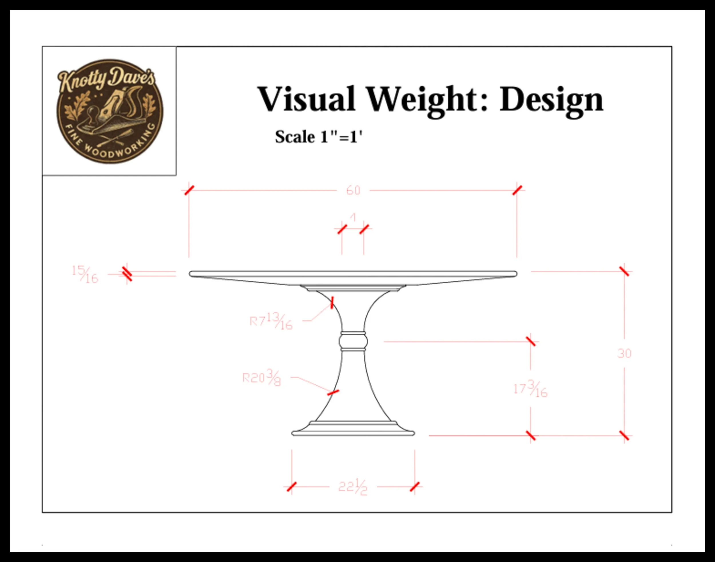 Technical drawing of a round pedestal table showing a 60-inch top, tapered bullnose edge, turned pedestal, and circular base with detailed measurements illustrating visual weight and proportion in woodworking design.