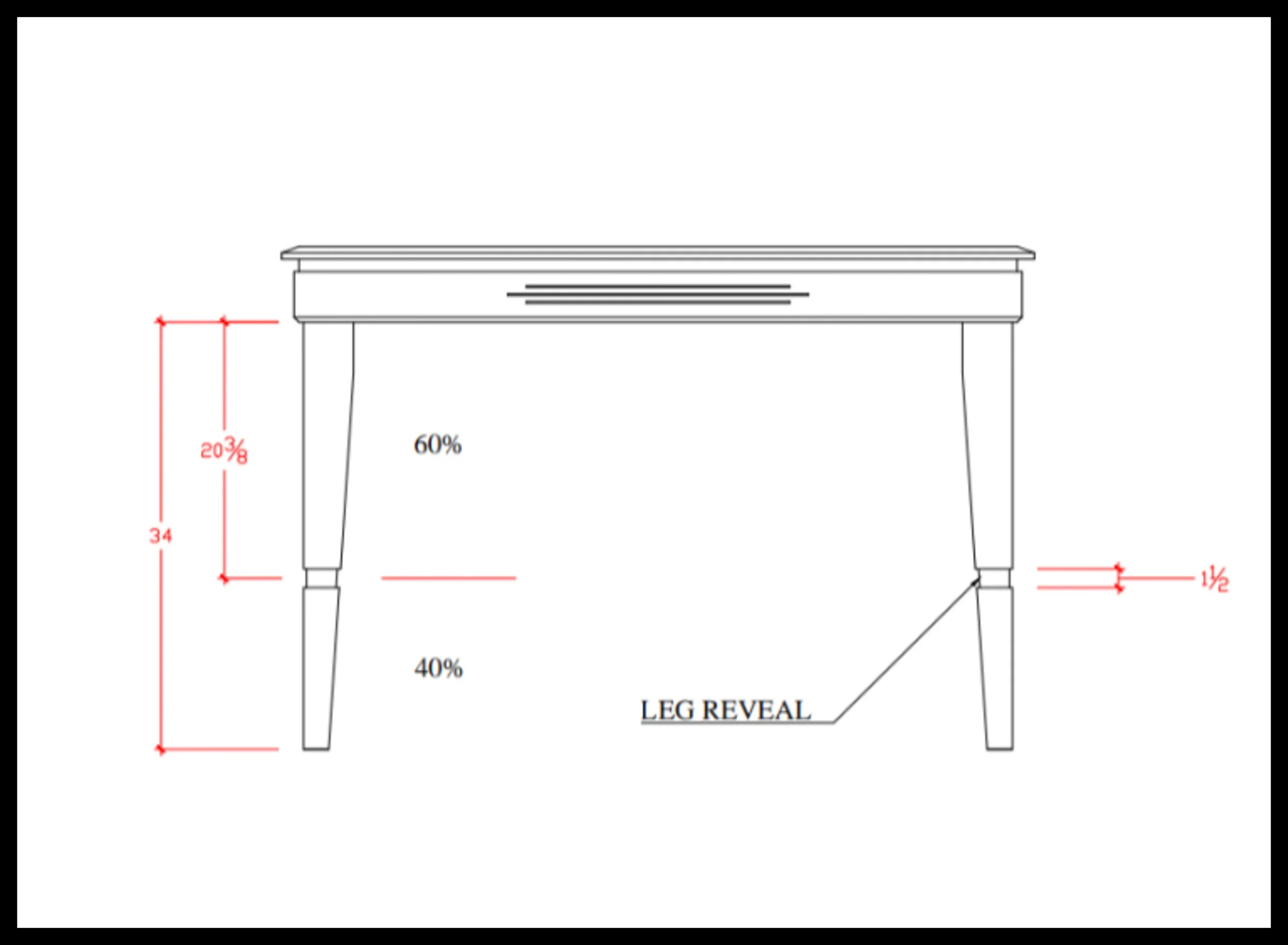 Line drawing of a table leg with a small reveal placed at the 60/40 height split, showing how the recessed detail creates a controlled shadow line that clarifies the transition between the upper leg and the base without changing measurements.