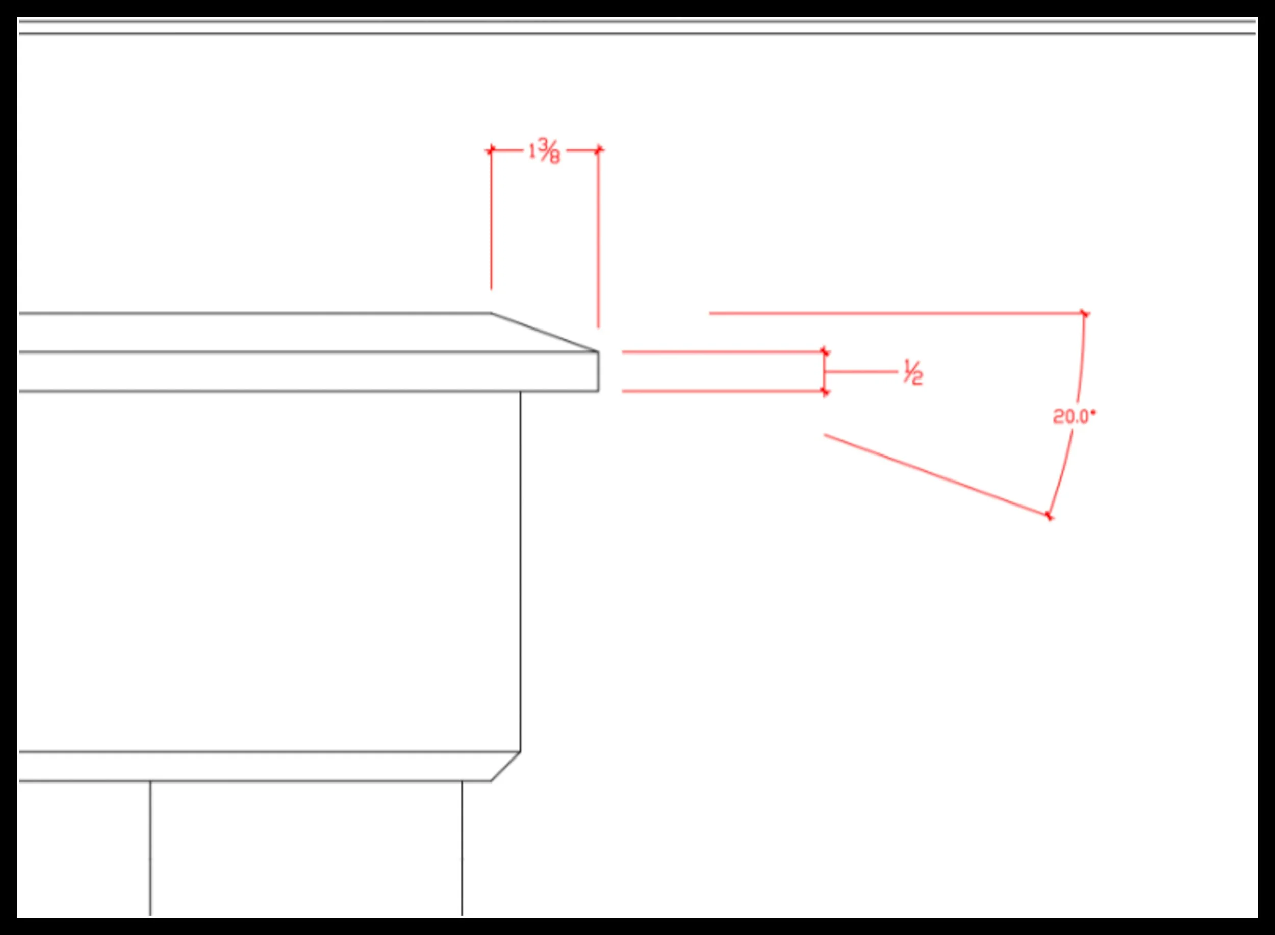 Line drawing of a tabletop edge with a 20‑degree bevel, showing how the angled underside reduces visible thickness and creates a refined transition that lightens the table’s silhouette.