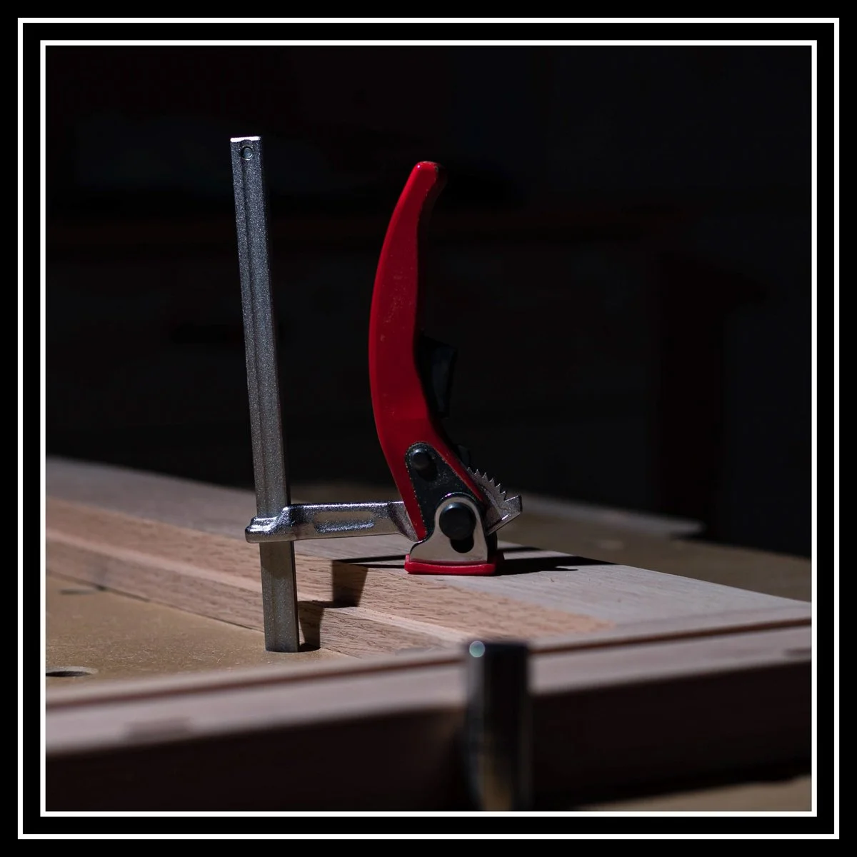 A red and black quick-release surface clamp on a custom MFT bench.