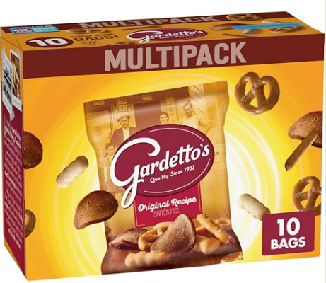 Gardetto's Multipack snack bags with pretzels and crackers, featuring images of people on the front, and indicating it contains 10 bags.