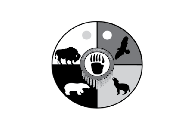 Black and white circular graphic featuring animals and lunar phases, with a raised fist symbol at the center.