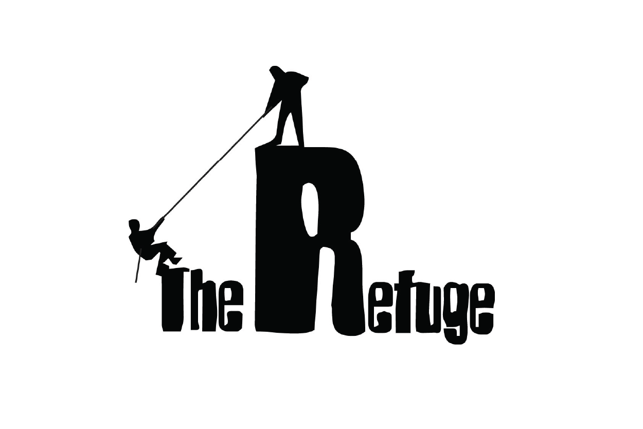 Silhouettes of two people climbing and holding a rope, with large text spelling 'The Refuge' in a stylized font, resembling a refuge or shelter.