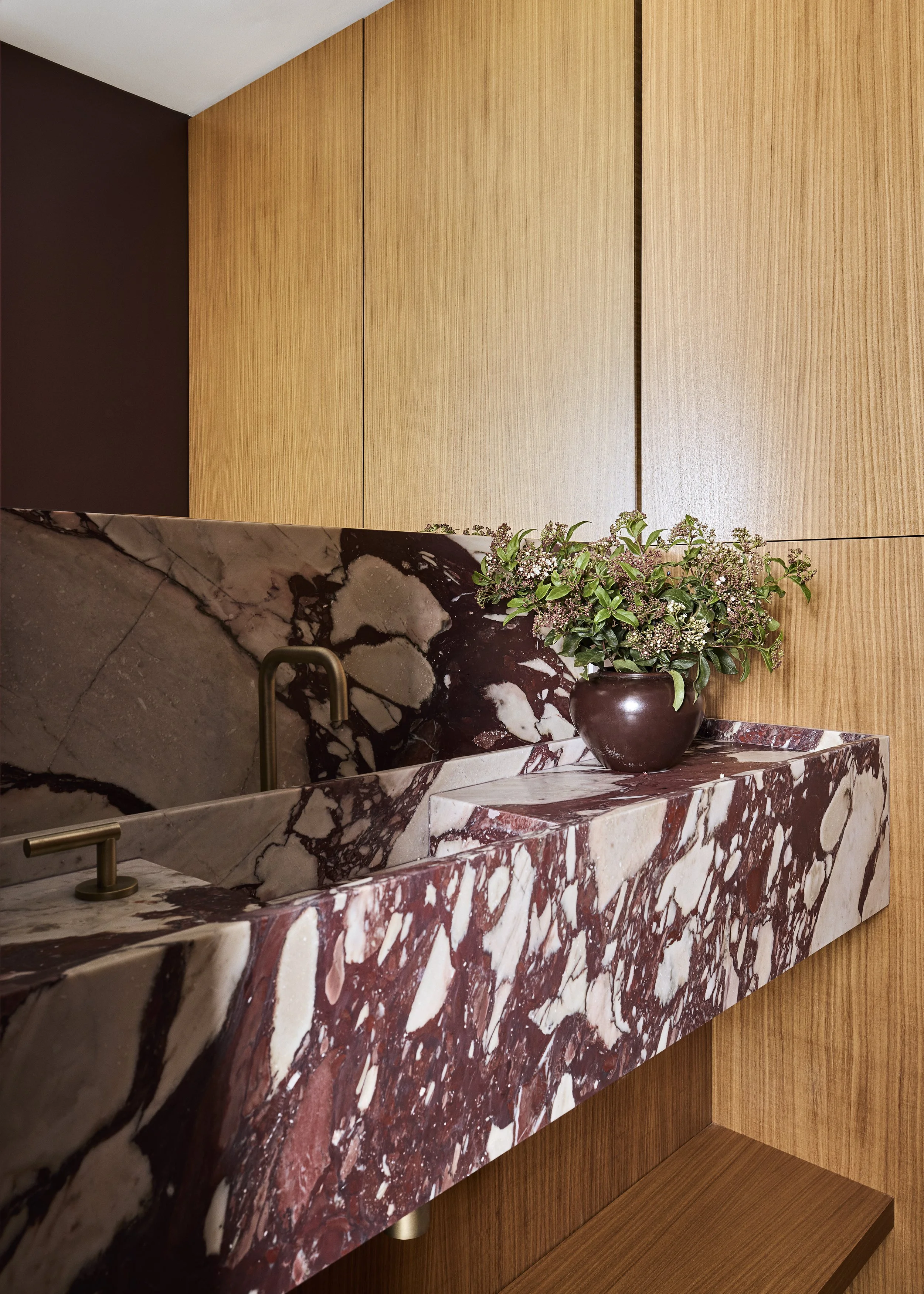 A marble sink made of red, white, and black marble with a pot of greenery on top. The background features wooden paneling on the wall.
