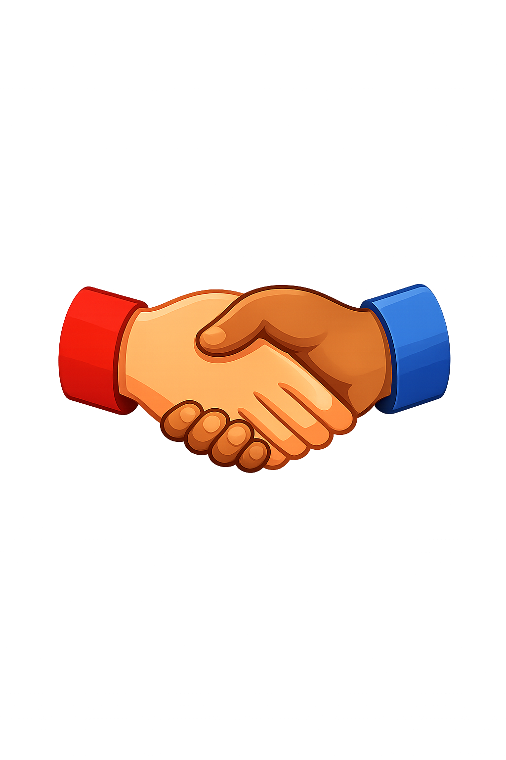 Illustration of two hands shaking, one with a red sleeve and the other with a blue sleeve.