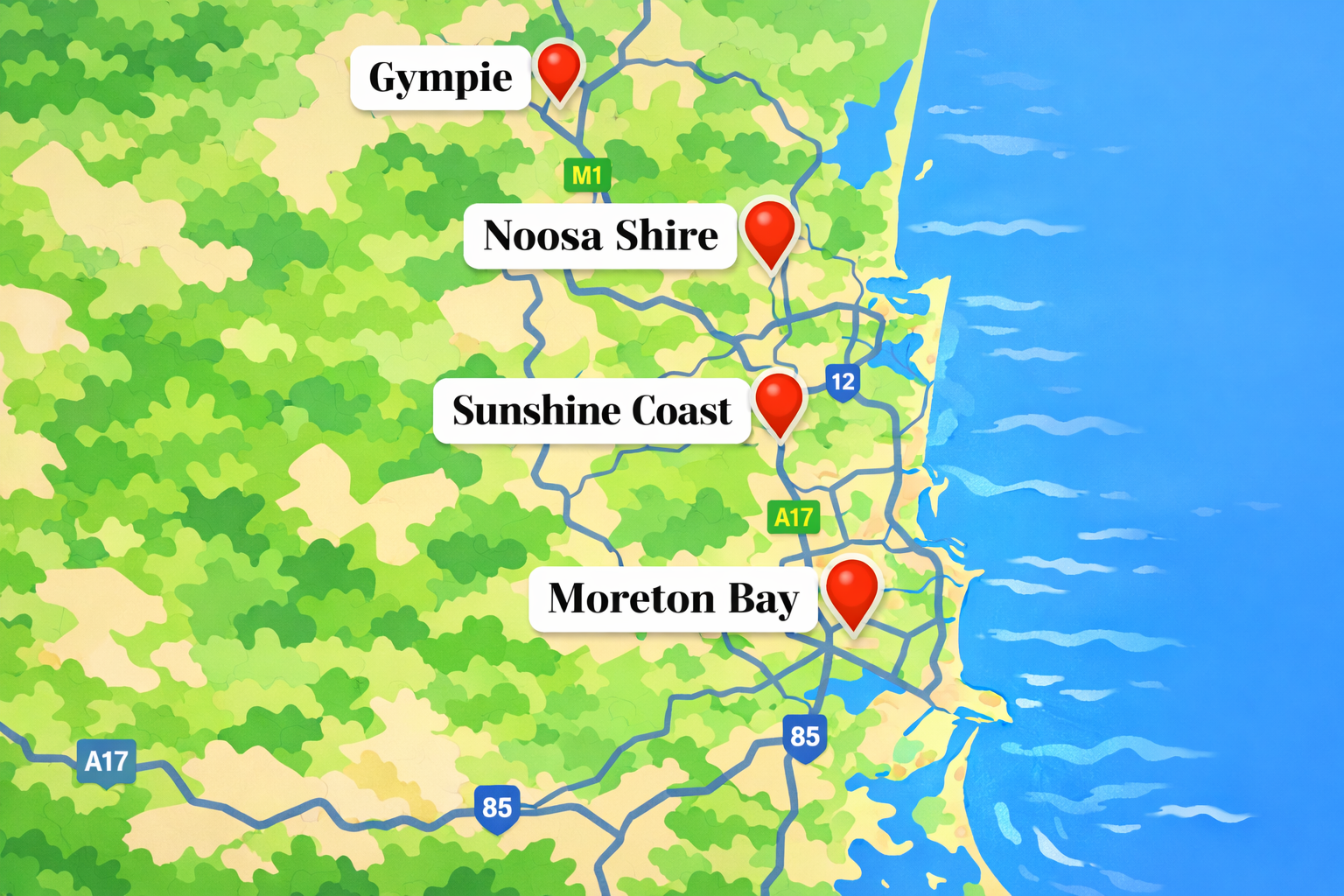 Map showing locations along the Sunshine Coast in Queensland, Australia, marked with red pins labeled Gympie, Noosa Shire, Sunshine Coast, and Moreton Bay, with highways A17, 12, and 85.