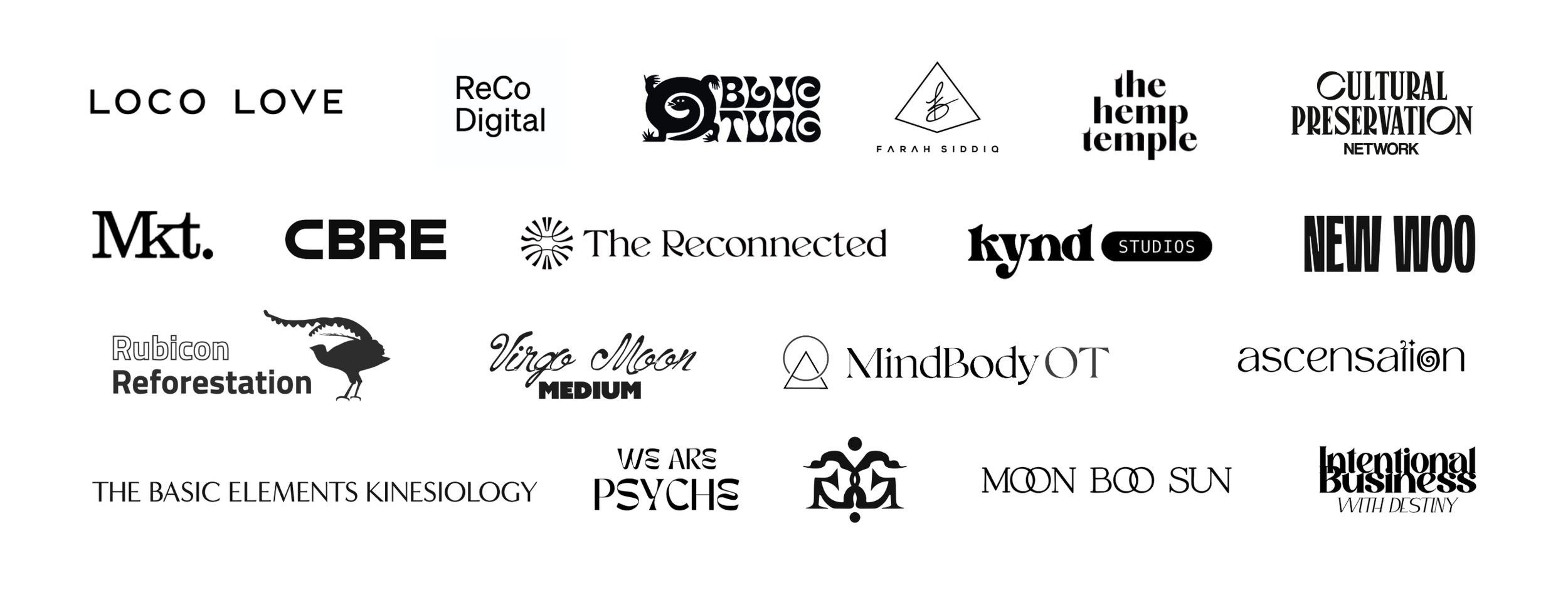 A collection of black and white logo designs for various brands and organizations, arranged in a grid format.