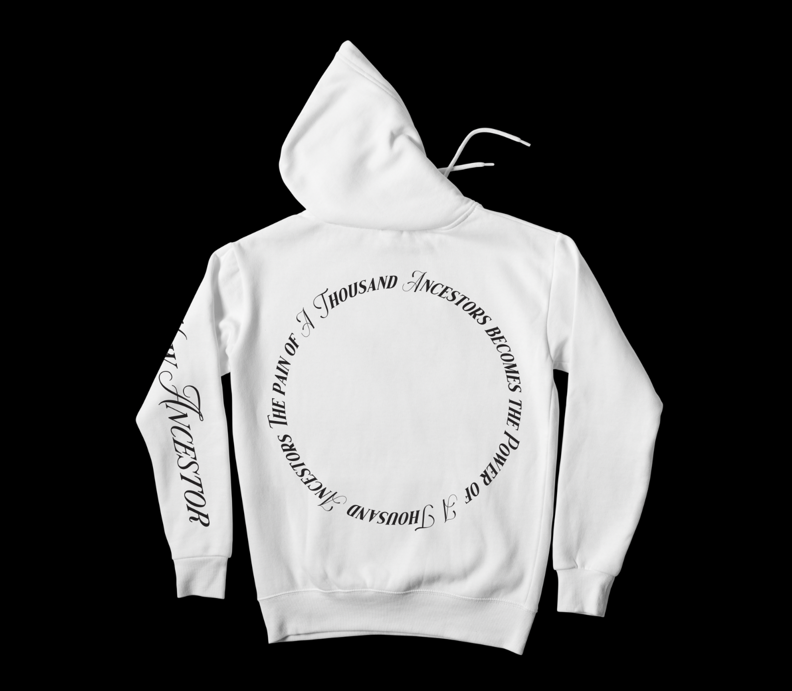 White hoodie with black circular text around the back and on the sleeve, displayed on a black background.