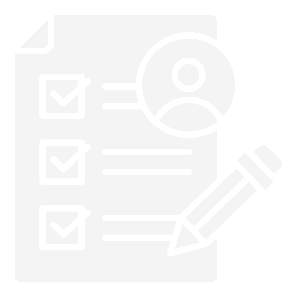 Checklist with checkboxes, a profile icon, and a pencil, representing task completion or survey writing.