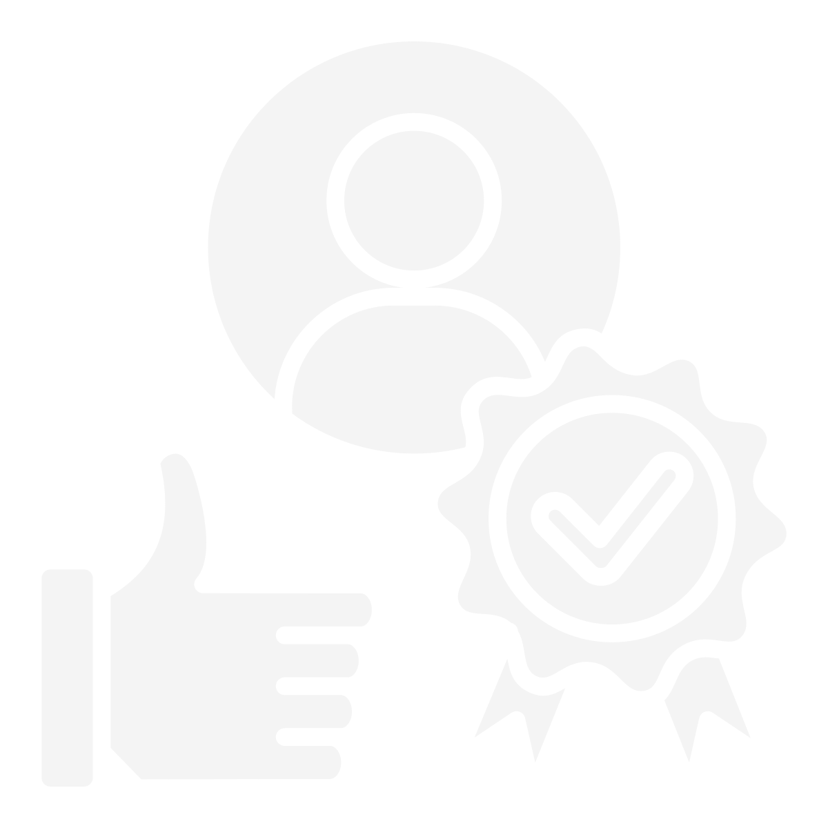 Icon of a person with a badge and a thumbs-up sign, indicating approval or certification.