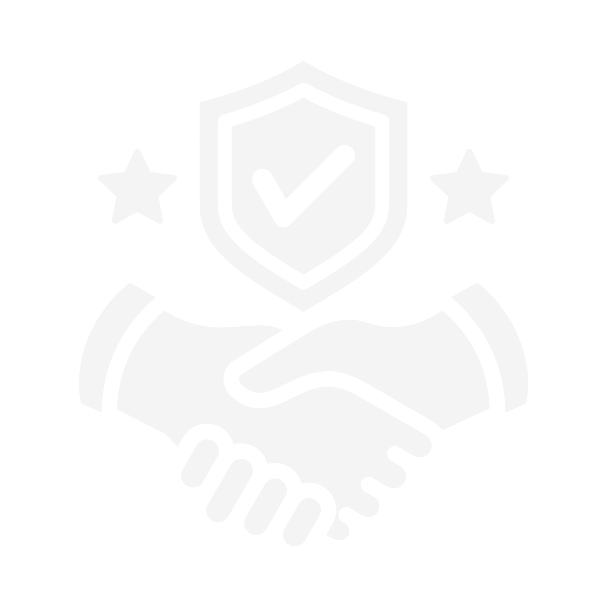 Black and white icon of a handshake with a shield and checkmark above it, surrounded by two stars.