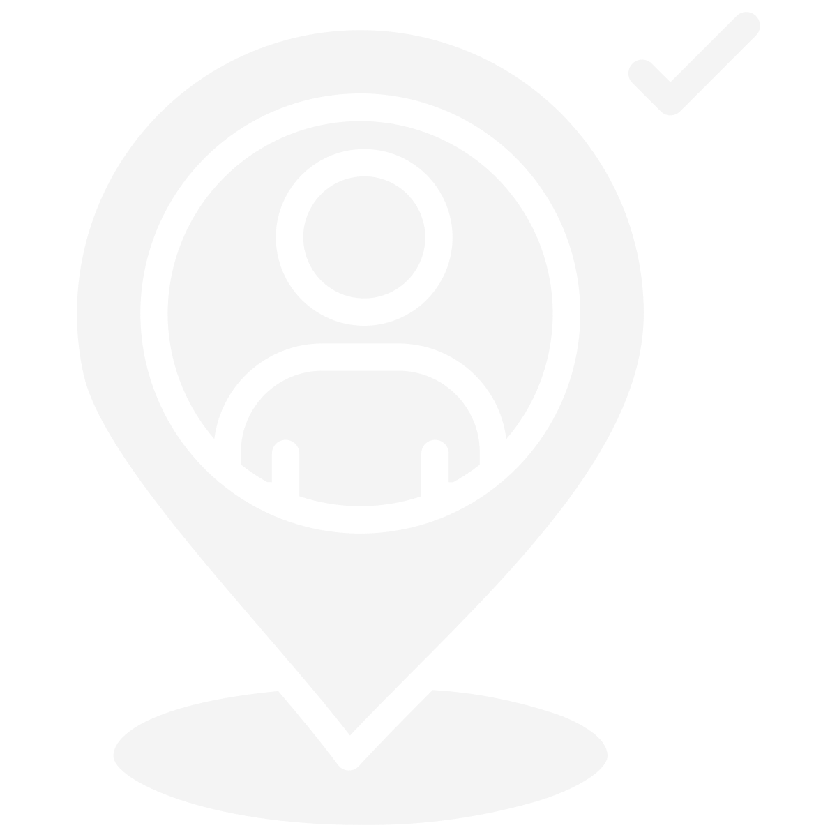 A black and white icon of a person inside a location pin with a check mark in the upper right corner.