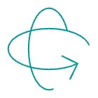 A digital drawing of an atom with orbiting electrons and an arrow pointing right.