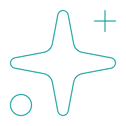 Abstract digital icon with a black star-like shape surrounded by light blue symbols, including a plus sign, circle, and a partial cross.