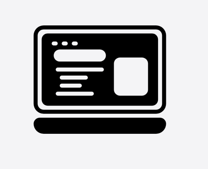 Icon of a laptop computer with a screen displaying a user interface, including text lines and a square element.