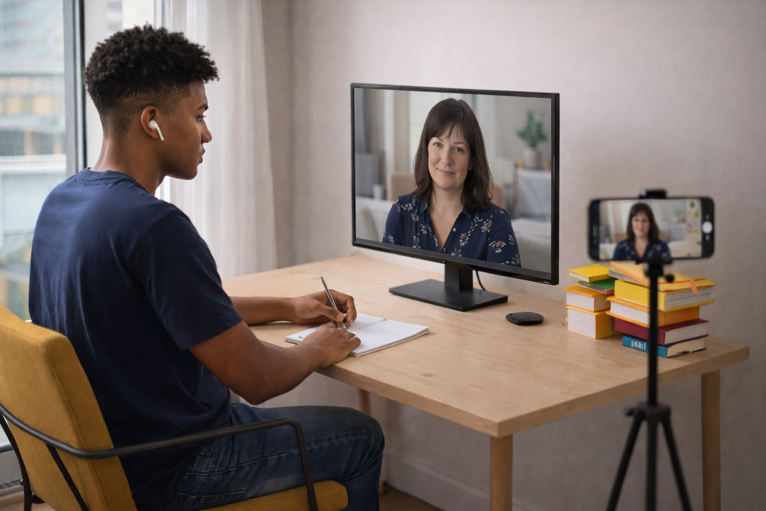 Young man with earbuds taking notes during a video call with a woman, filming setup in a bright room.