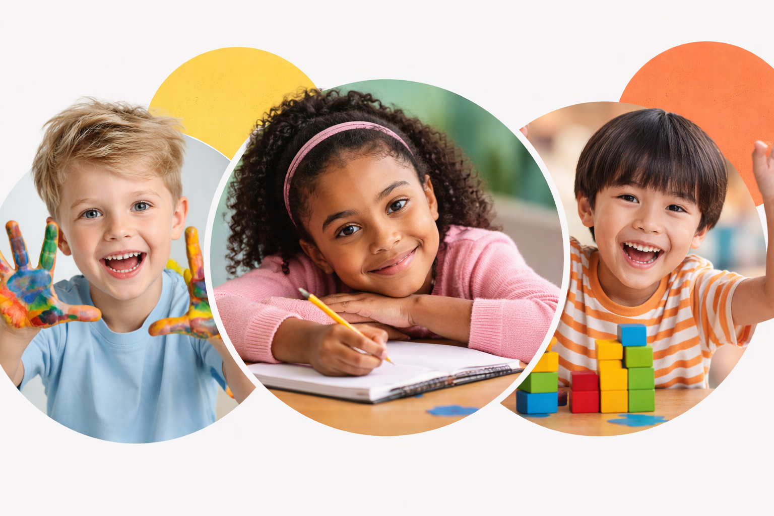 Three children engaging in creative and educational activities, with a boy painting with colorful hands, a girl writing or drawing with a smile, and another boy stacking colorful blocks, all smiling and appearing happy.
