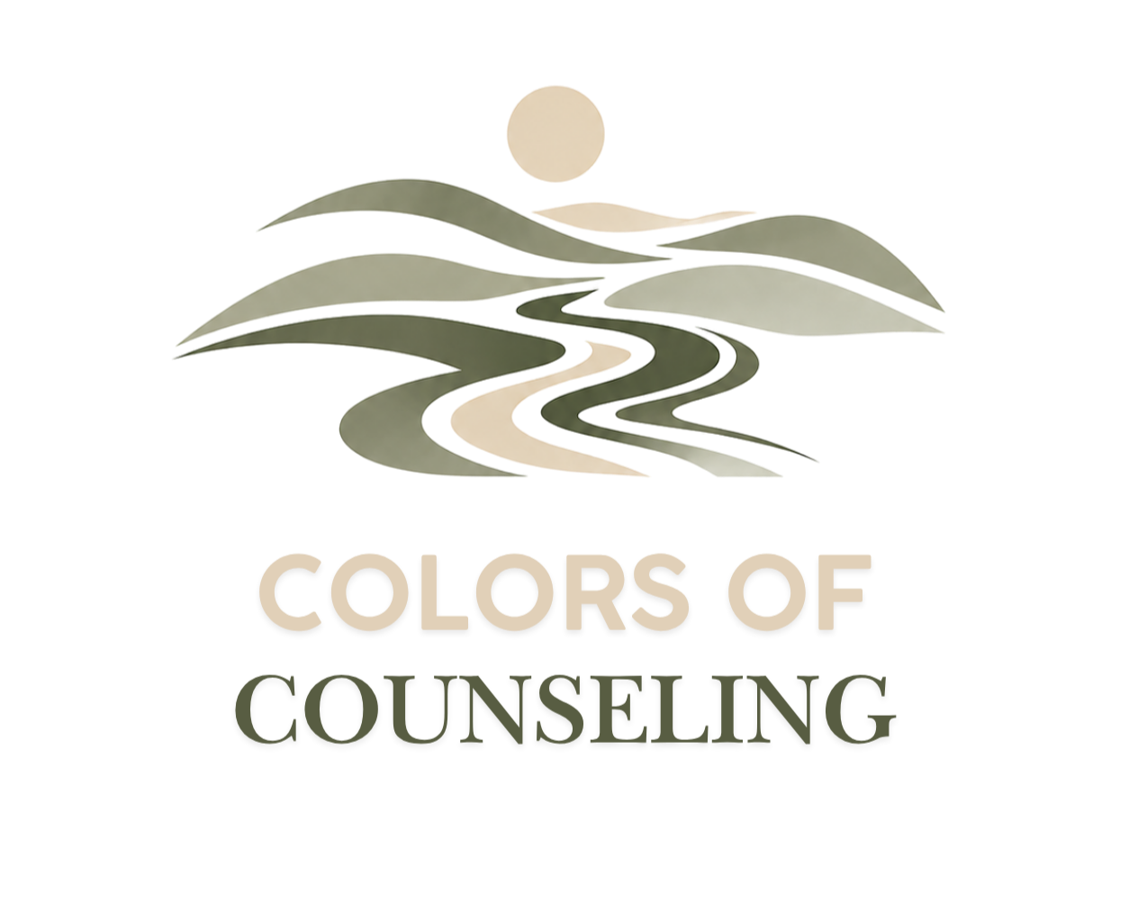 Abstract landscape logo with a river, hills, and a sun, accompanied by the text 'Colors of Counseling'.