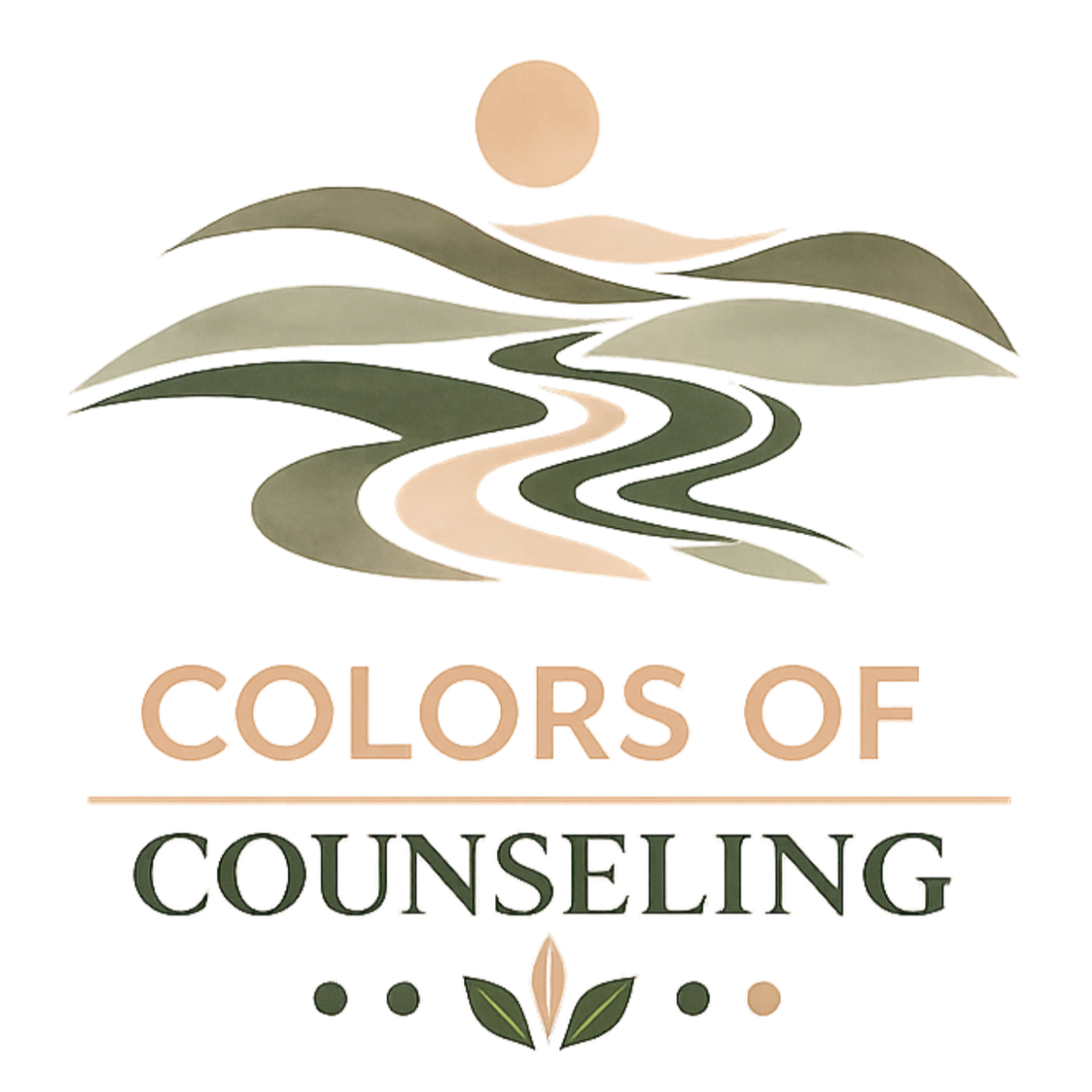 Elegant logo for 'Colors of Counseling' featuring stylized leaves and flowing lines with a flower at the bottom.