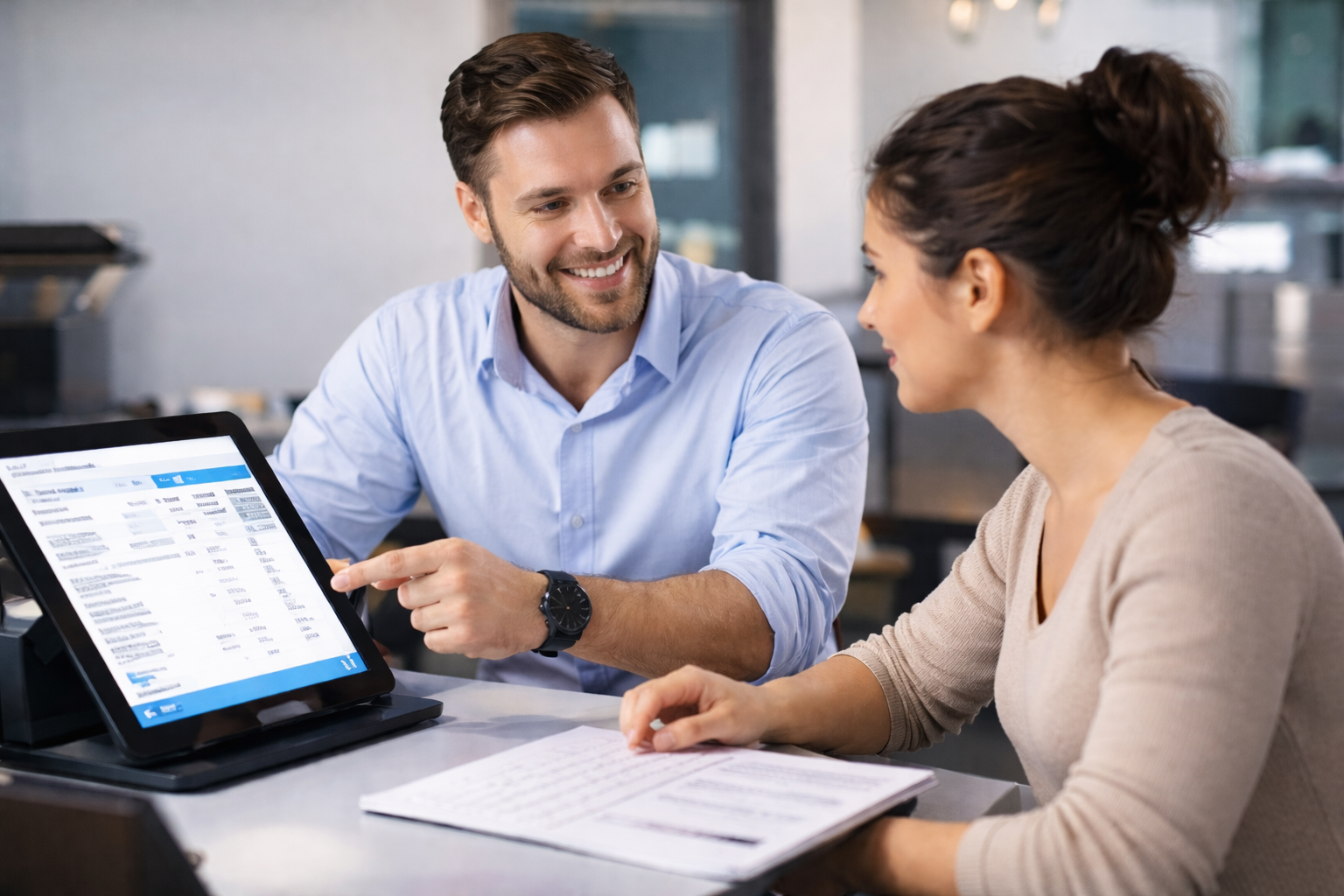 A man showing a tablet screen to a woman at a table in a cafe or restaurant.