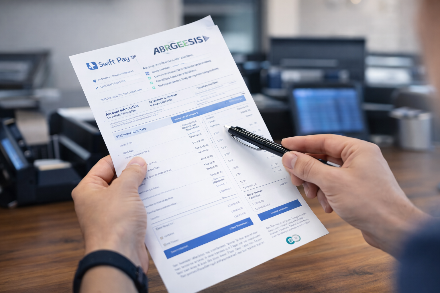 Person holding a financial document with a pen, sitting at a wooden desk in an office setting.