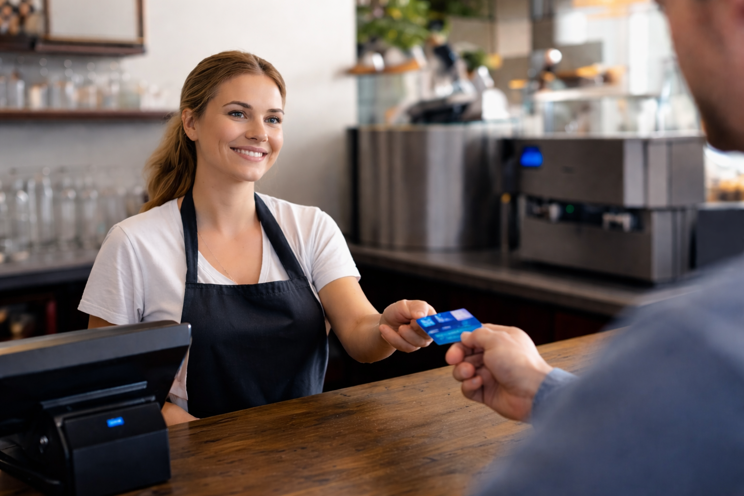 A smiling woman in a white shirt and black apron hands a credit card to a customer at a cafe counter.