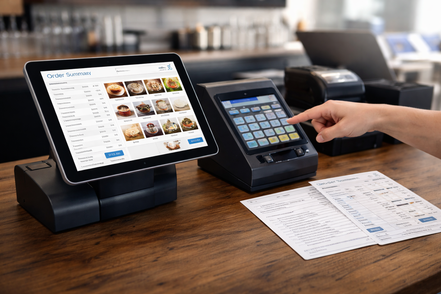 Point-of-sale touchscreen displaying an order summary with food images at a restaurant counter.