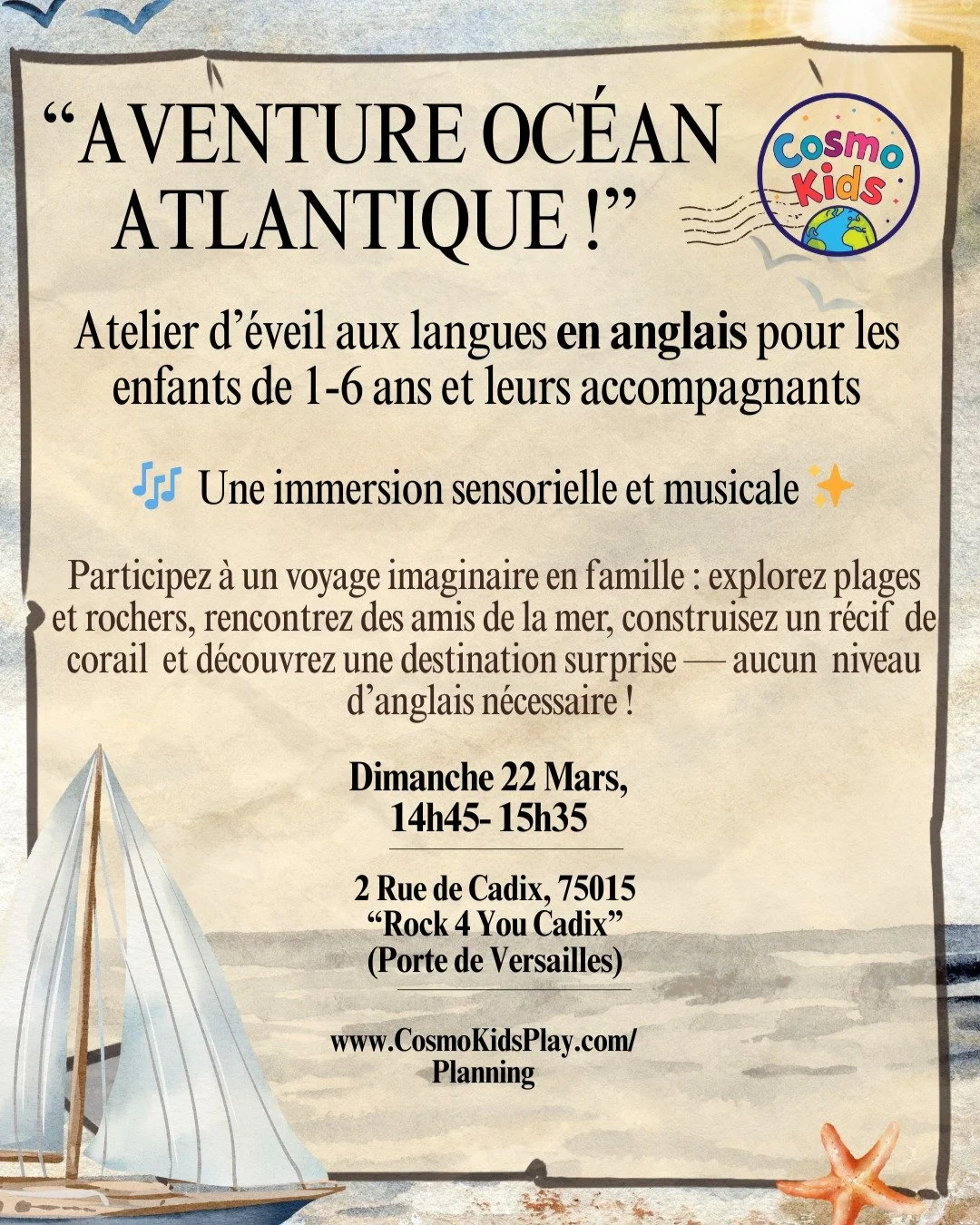 🚢 Dernier d&eacute;part avant le grand voyage ! 🐚

Maman et fondatrice de Cosmo Kids, je m'appr&ecirc;te &agrave; partir en cong&eacute; maternit&eacute;... mais pas avant une ultime aventure avec vos petits moussaillons ! 

Le dimanche 22 mars, on