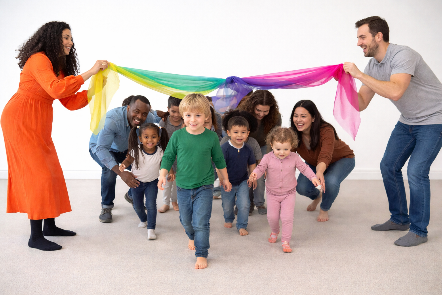 Children and adults participating in a game, crawling under a colorful rainbow fabric canopy in a room with white walls.
