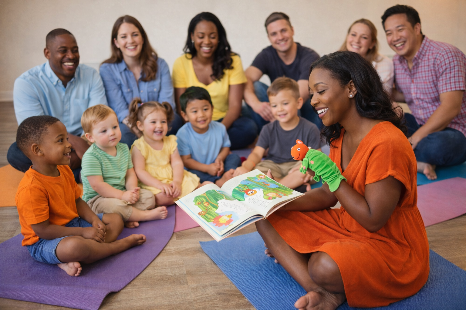 Women reading a storybook to a group of children sitting on yoga mats in a circle.