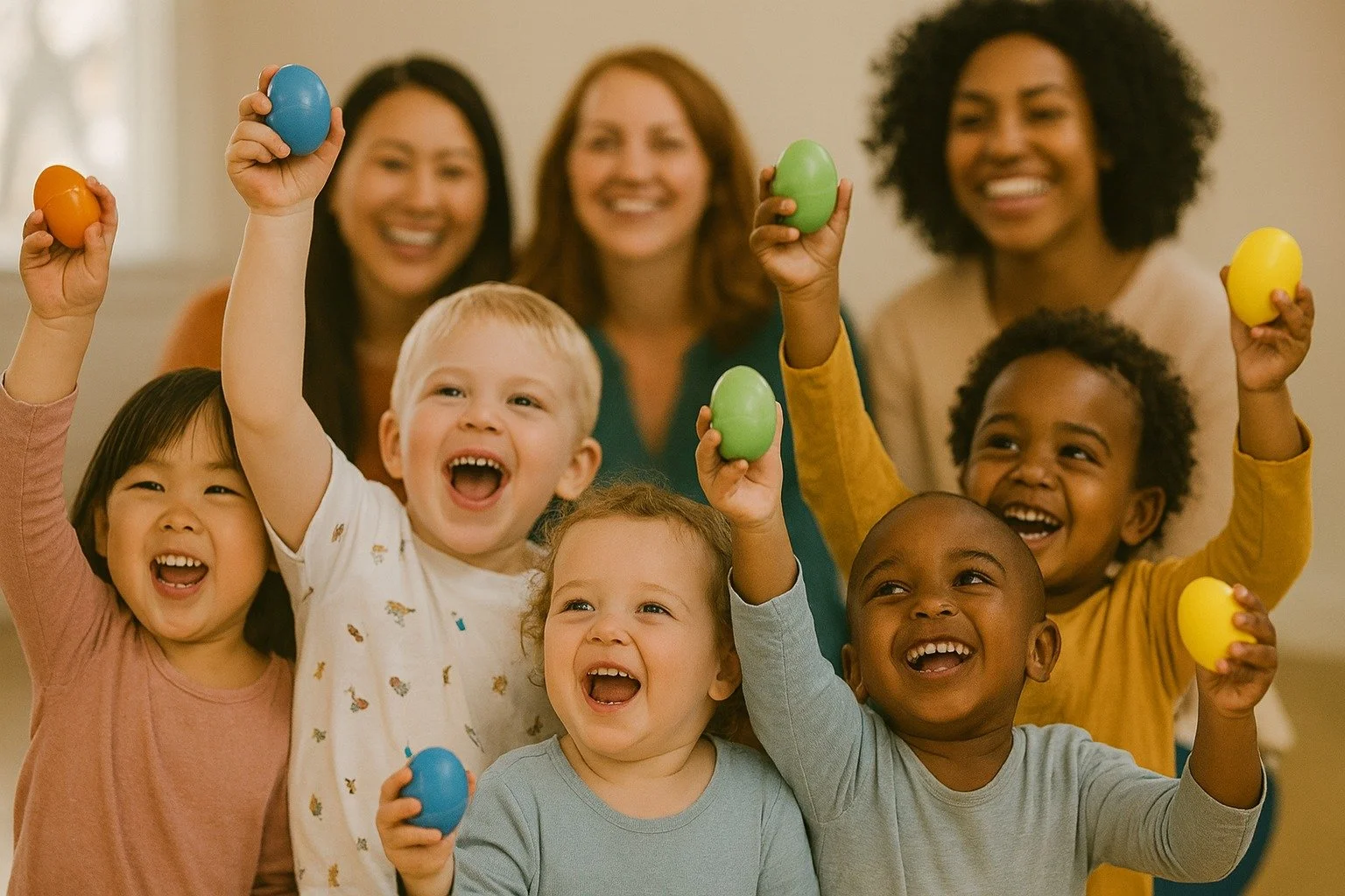 A group of children and adults smiling, holding colorful plastic eggs, celebrating together in a cheerful, festive setting.