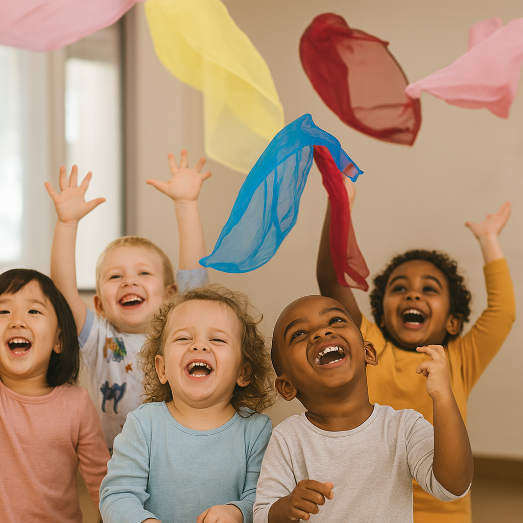 Kids playing with colorful scarves and laughing indoors.